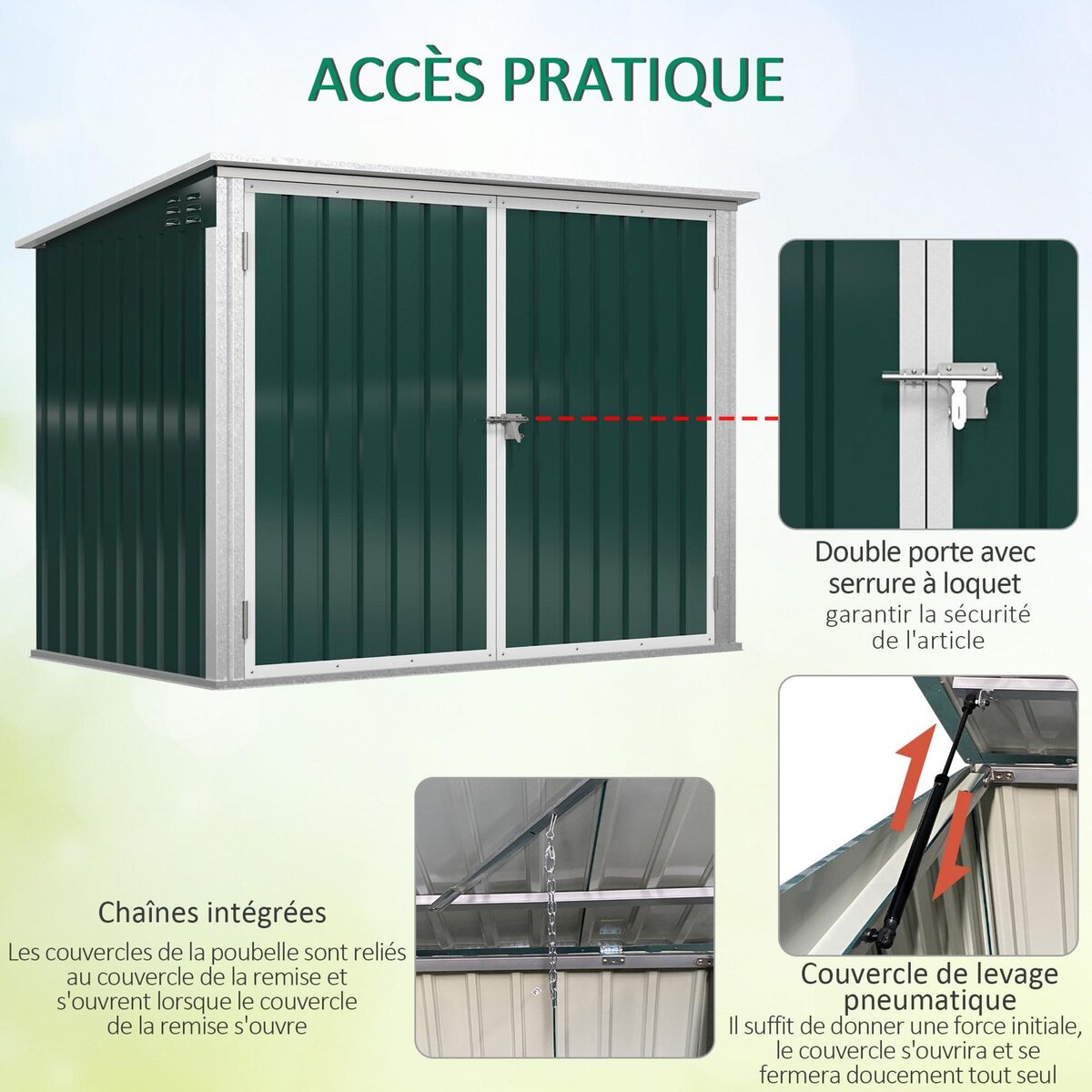 OUTSUNNY Abri de poubelle jardin - cache poubelle - 2 portes verrouillables, toit ouvrant - tôle d'acier blanc vert