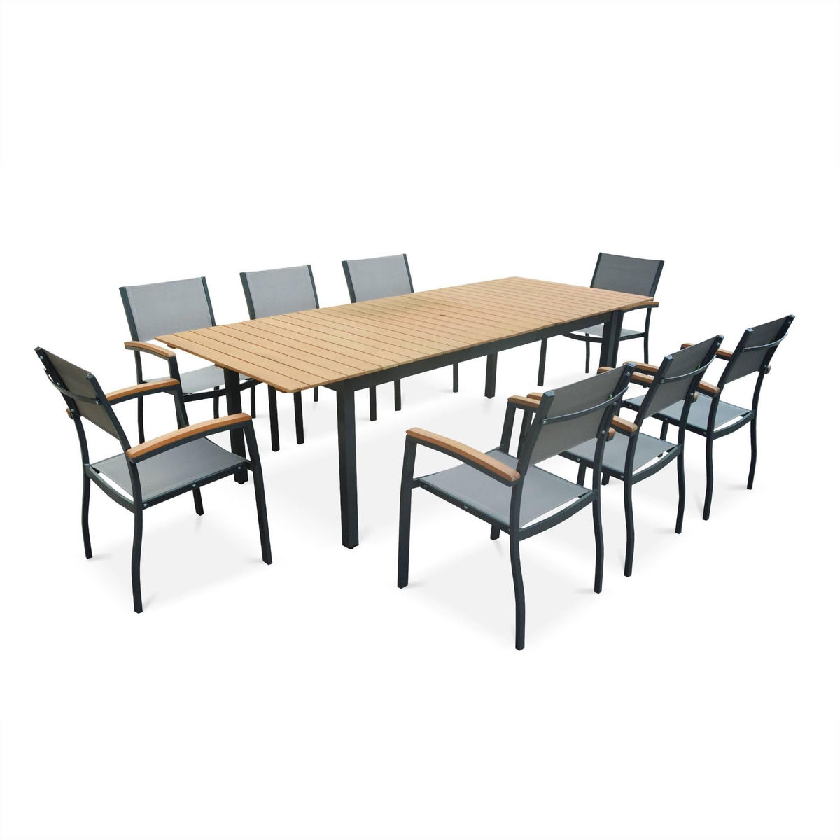 SWEEEK Table de jardin en bois aluminium extensible 200/250cm avec rallonge - Sevilla - bois d'Eucalyptus huilé et structure anthracite
