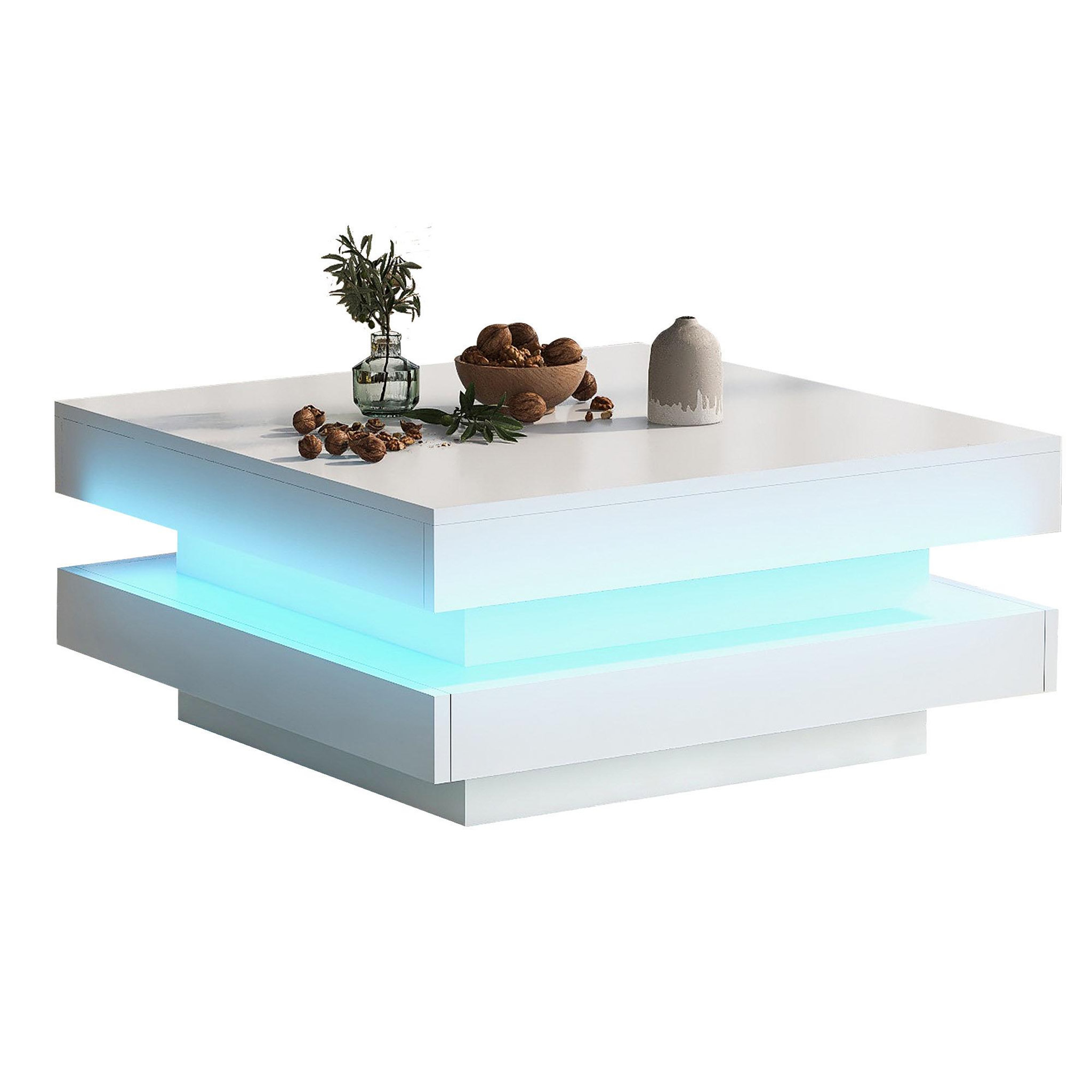 MERAX Table Basse Carrée Blanche Brillante Avec Plateau Pivotant Et Lumière LED 16 Couleurs, 70x70x36 Cm
