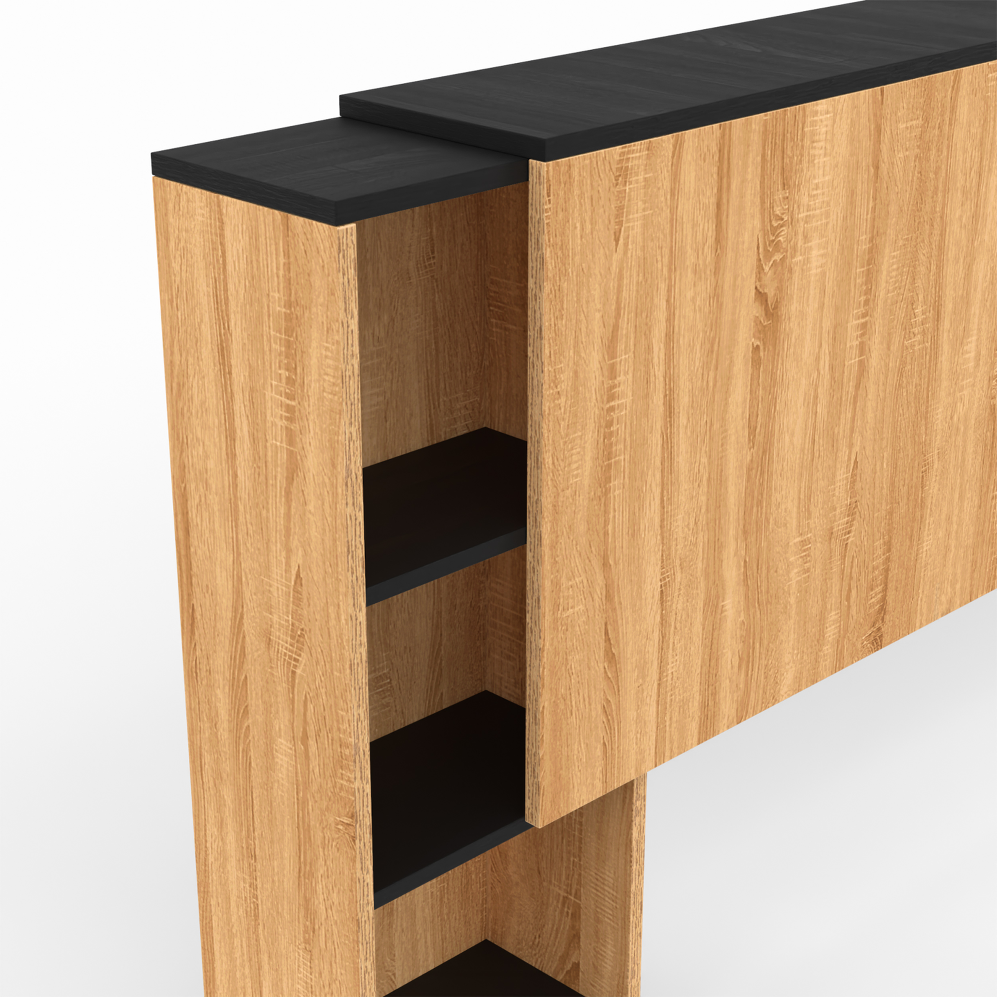 Voir la diapositive 6 : ID MARKET Tête de lit sur pied extensible avec chevets coulissants catba pour lit 140 et 160 cm façon bois et noir