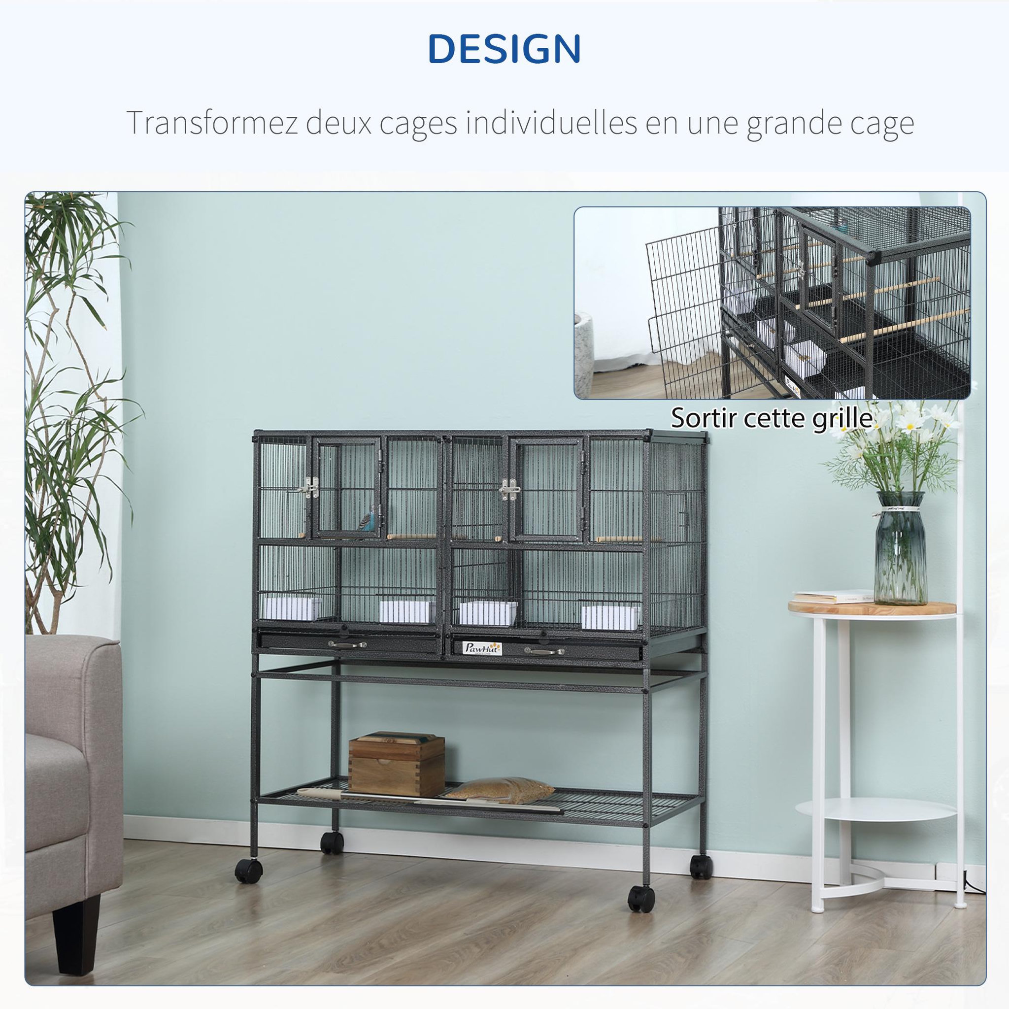 Voir la diapositive 6 : PAWHUT Cage à oiseaux avec séparation mangeoire et perchoir 95L x 45l x 102H cm Noir et Gris