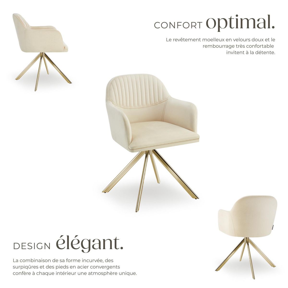 tectake Chaise pivotante en velours rembourrée crème/or