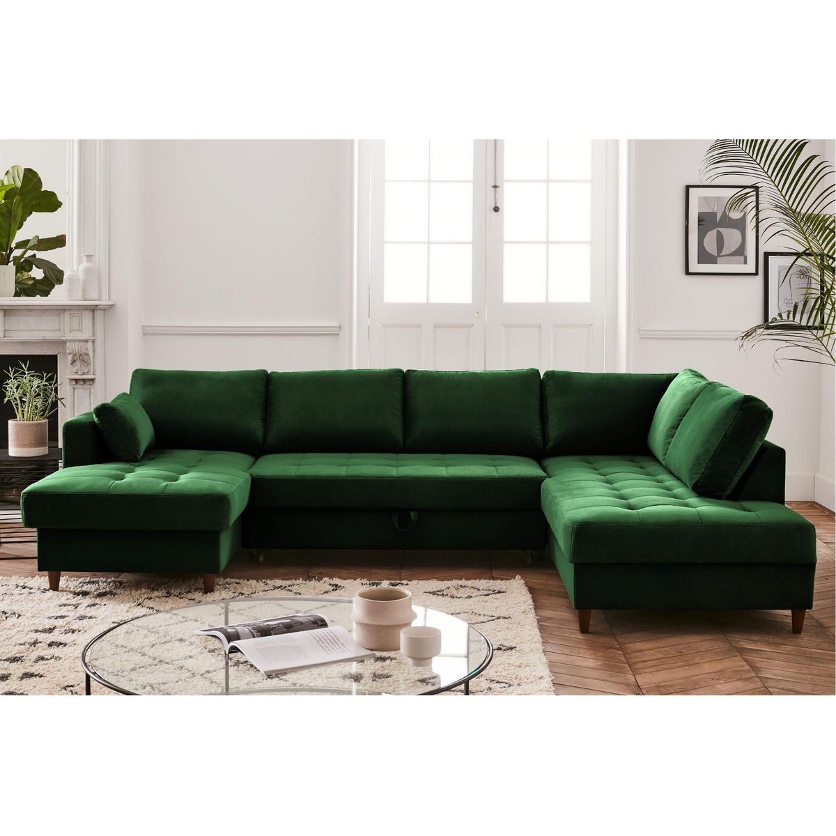 LISA DESIGN Anna - canapé panoramique d'angle droit - 7 places - convertible avec coffre - en velours