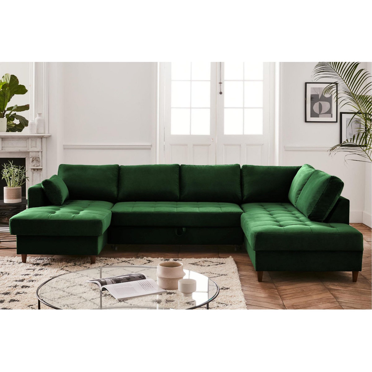 LISA DESIGN Anna - canapé panoramique d'angle droit - 7 places - convertible avec coffre - en velours