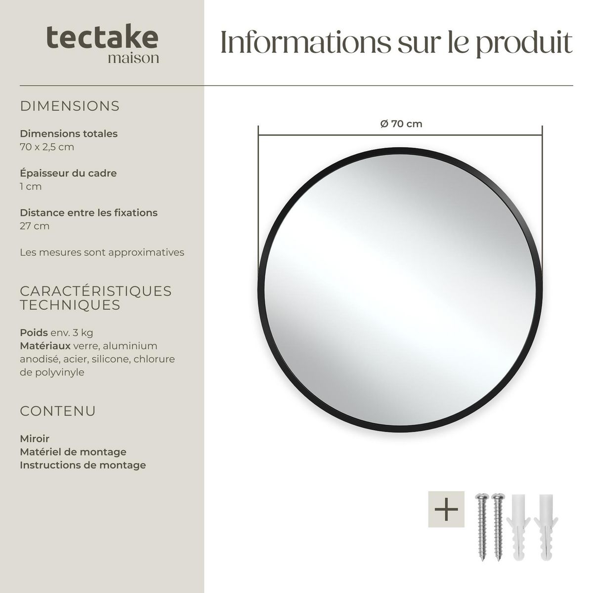 tectake Miroir mural rond Ø 70 cm noir