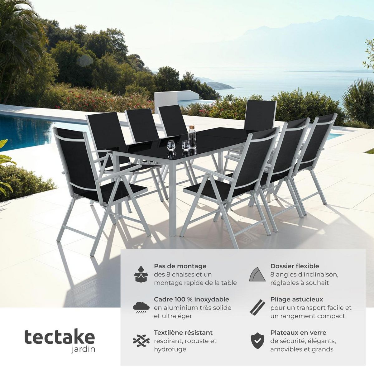 tectake Salon de jardin avec cadre en aluminium pour 8 personnes argent