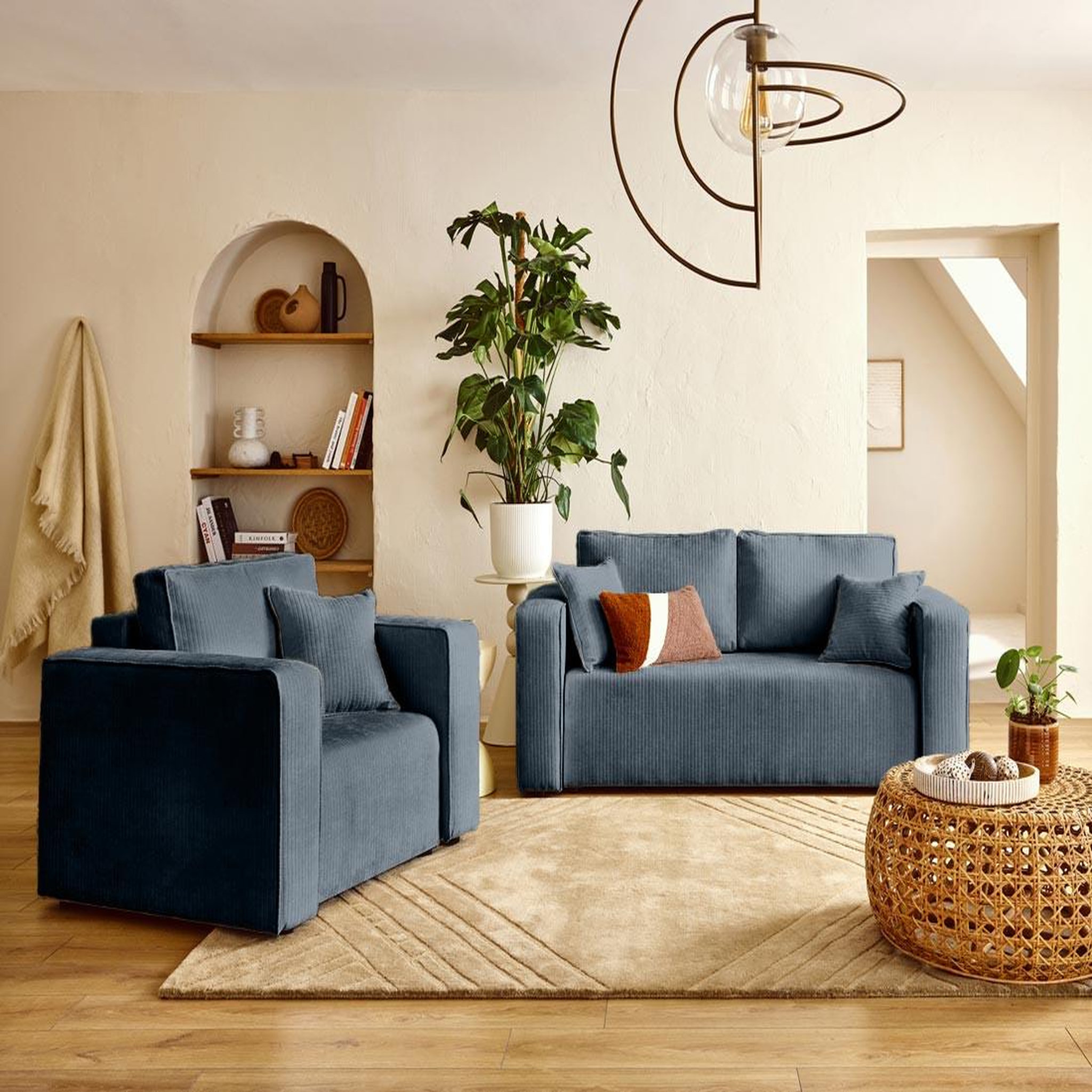 Voir la diapositive 2 : BEST MOBILIER Topaze - canapé droit 2 places en velours côtelé plat