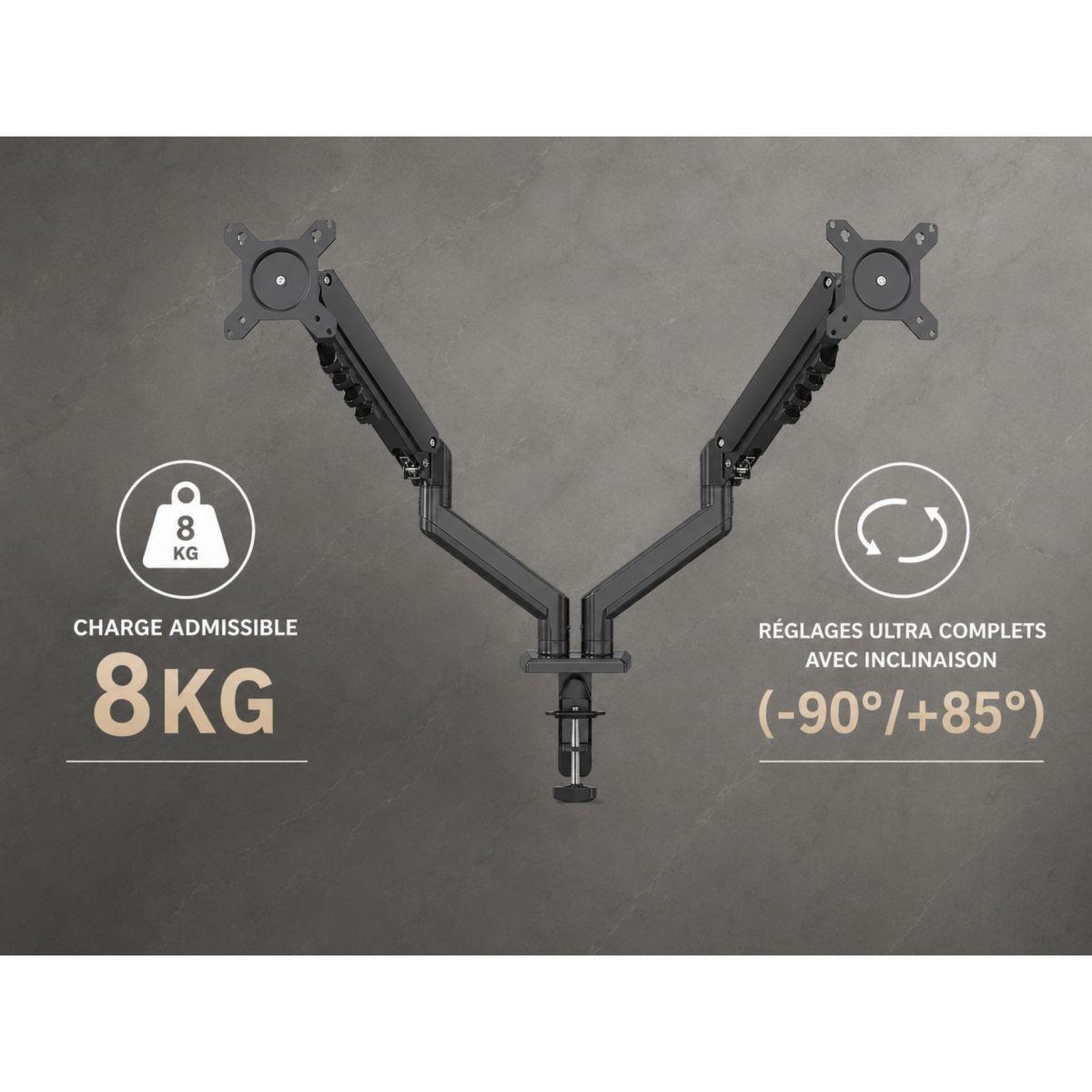 Voir la diapositive 3 : ESSENTIEL B Bras support moniteur double de 15'' à 32''