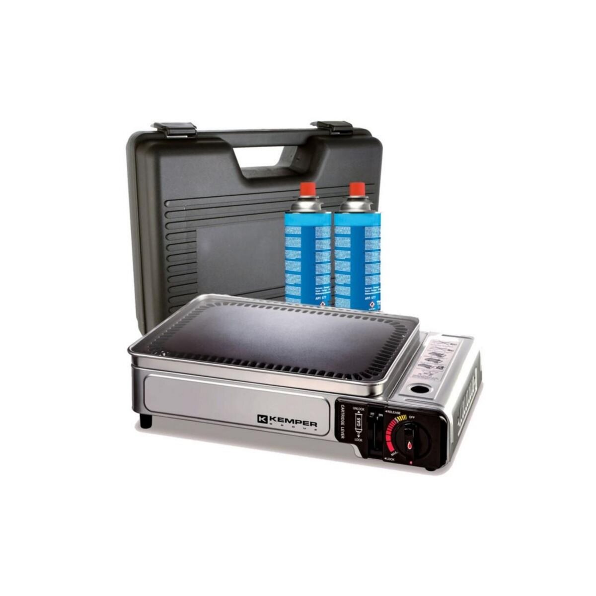 Kemper Plancha à gaz portable 2300W + 2 cartouches de gaz + Valise de transport KEMPER