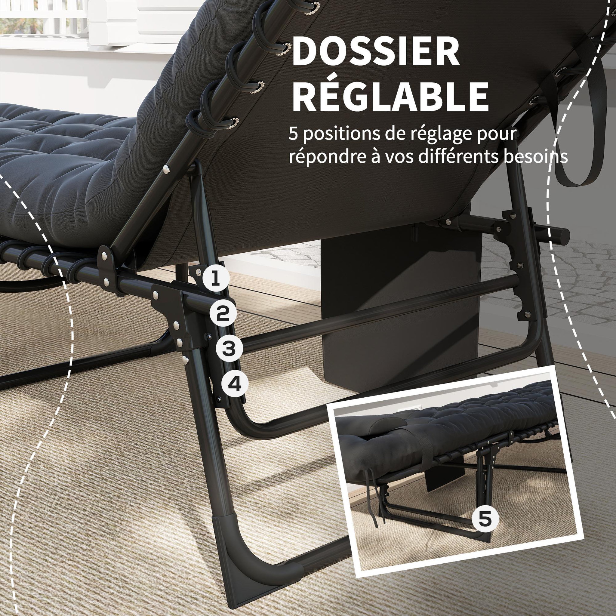 Voir la diapositive 4 : OUTSUNNY Bain de soleil transat pliable inclinable avec poignée, pochette rangement et matelas grand confort noir