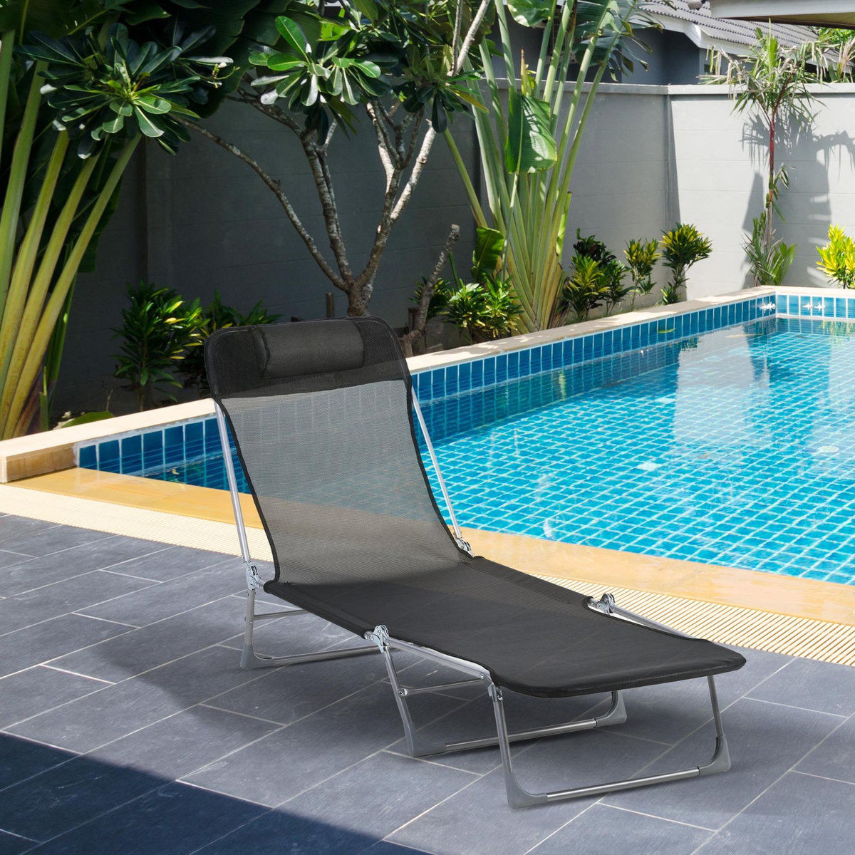 OUTSUNNY Bain de soleil transat pliable dossier réglable 5 positions acier teslin noir