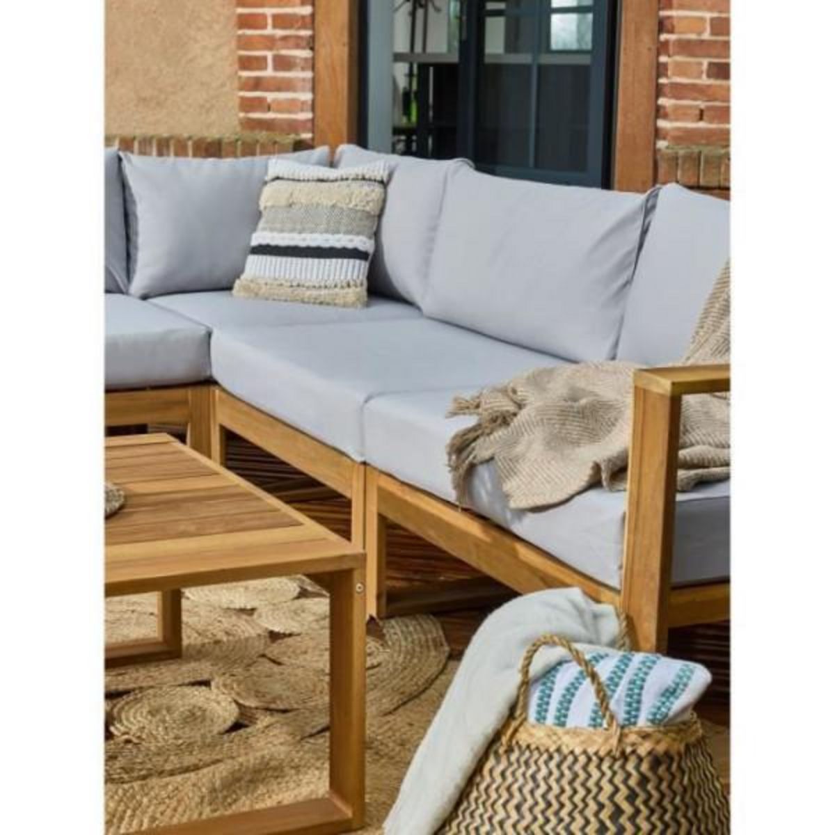 BOCARNEA Salon de jardin d'angle modulable - Bois d'acacia - 5 personnes - LEVATA - Gris