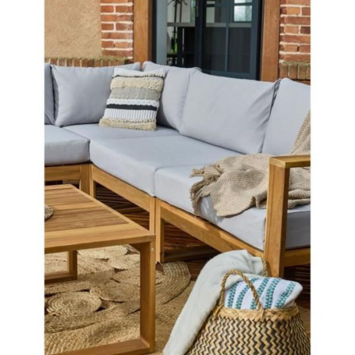 BOCARNEA Salon de jardin d'angle modulable - Bois d'acacia - 5 personnes - LEVATA - Gris