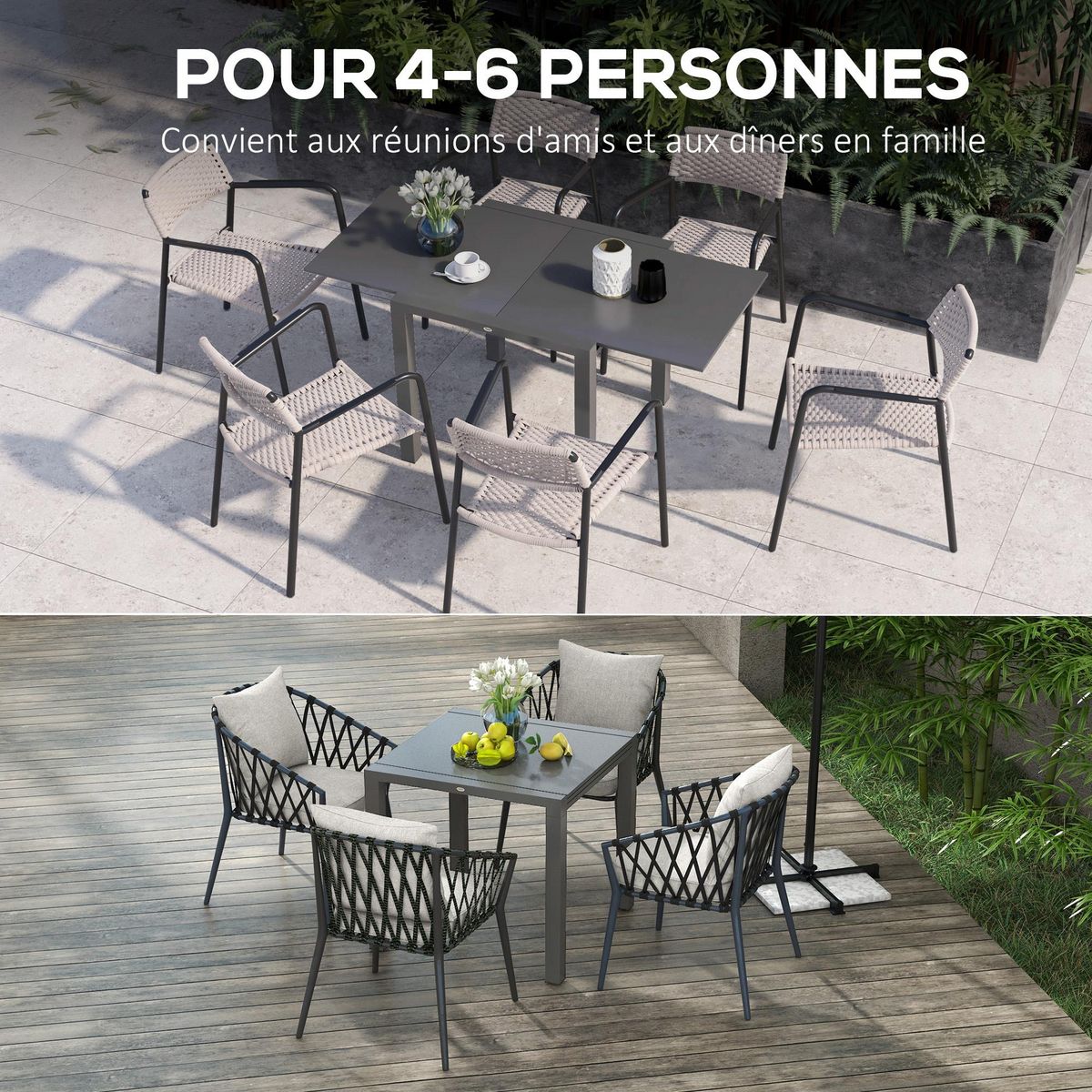 OUTSUNNY Table de jardin rectangulaire extensible 6 pers. alu métal dim. 80/160L x 80l x 75H cm gris