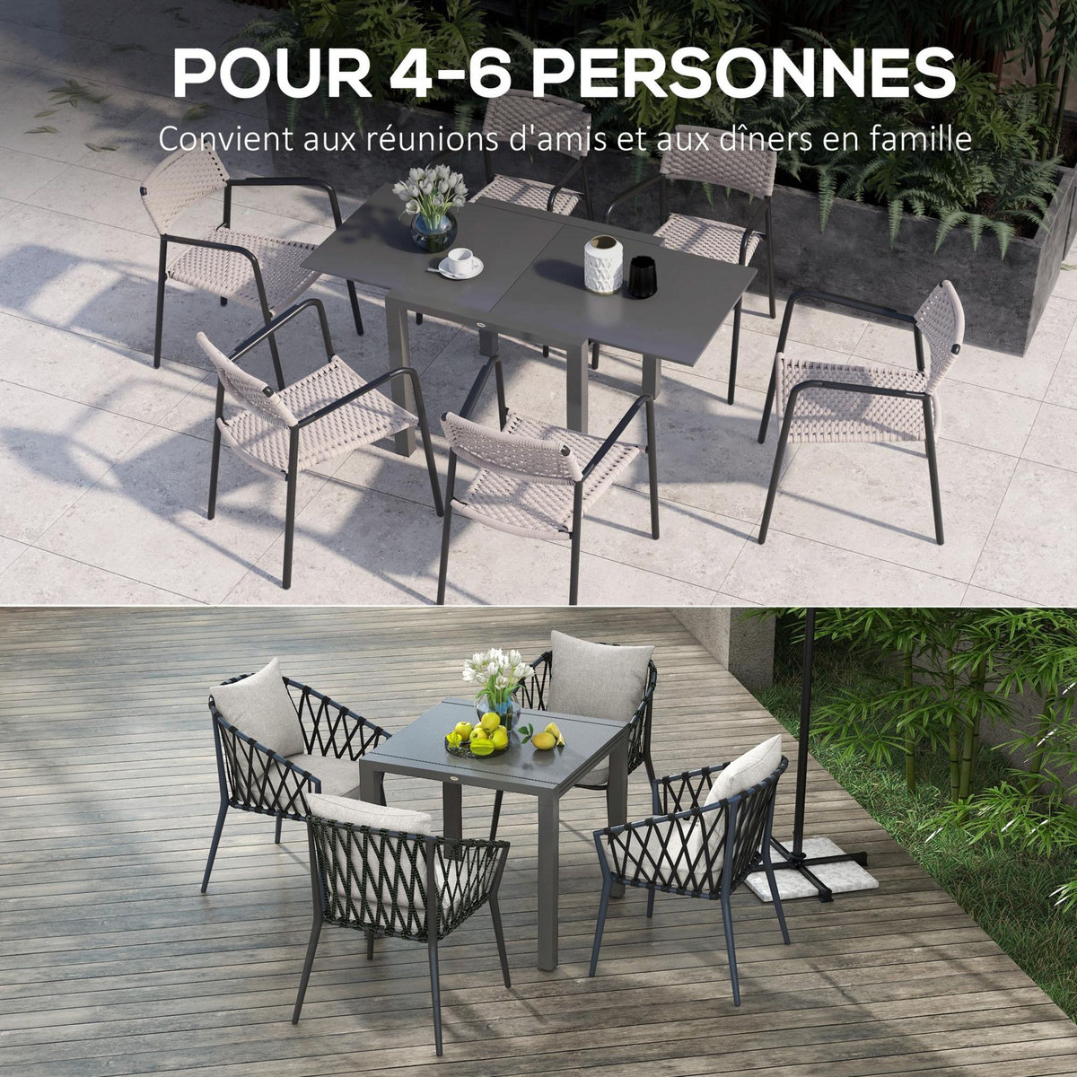 OUTSUNNY Table de jardin rectangulaire extensible 6 pers. alu métal dim. 80/160L x 80l x 75H cm gris
