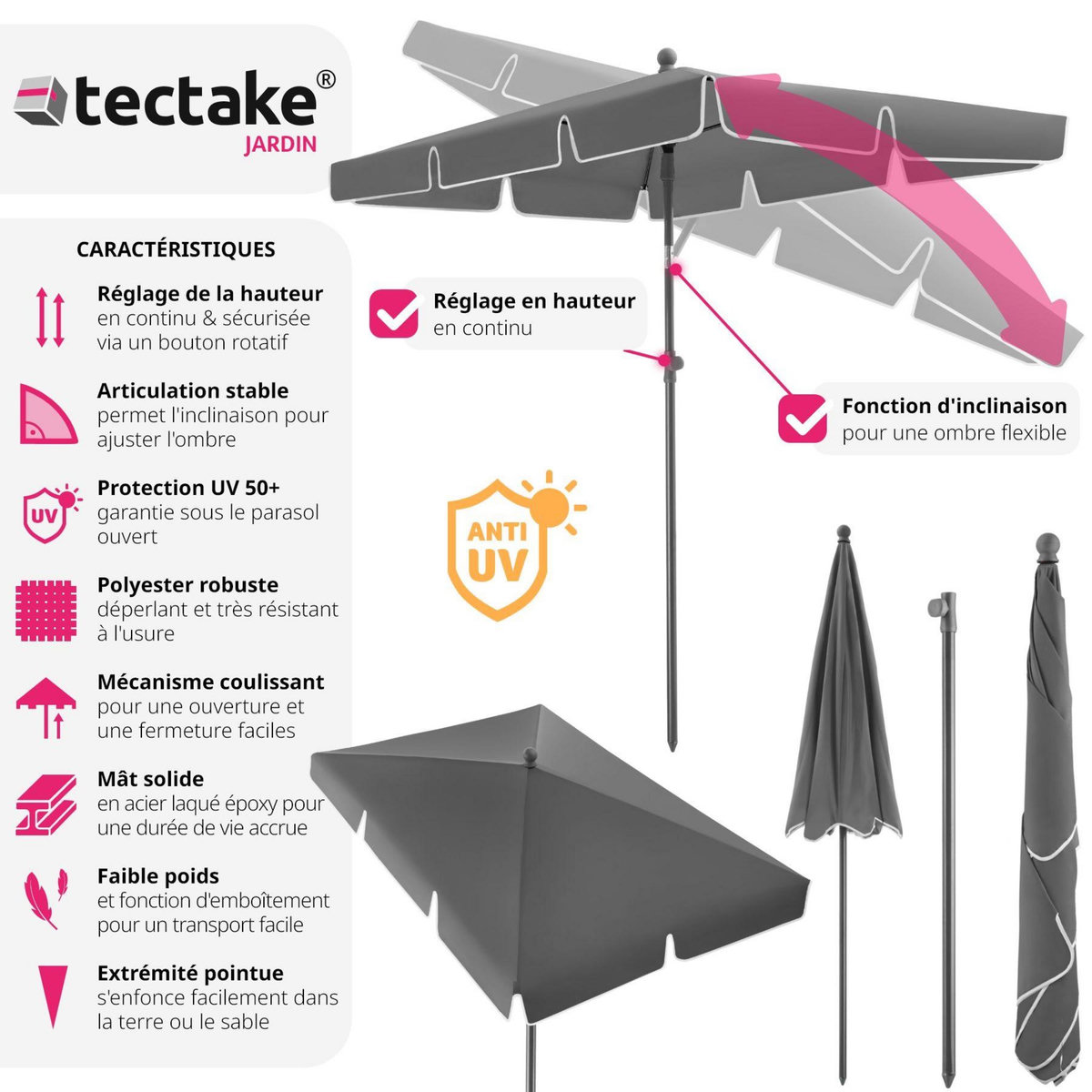 tectake Parasol VANESSA 200 x 125 cm réglable en hauteur et inclinable