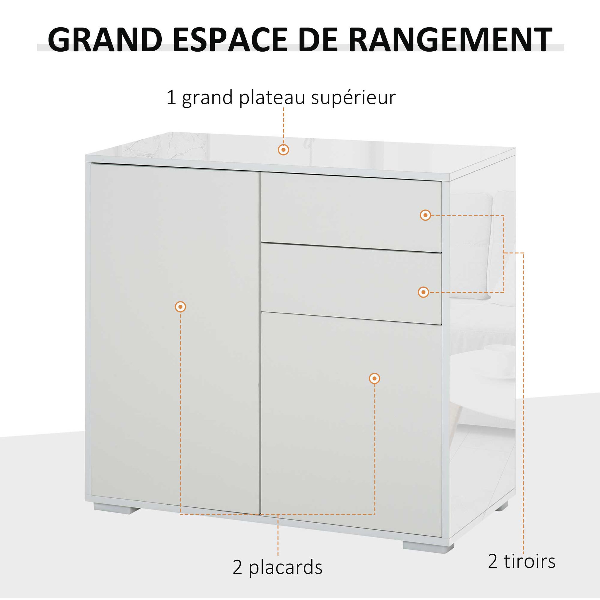 Voir la diapositive 4 : HOMCOM Commode buffet meuble de rangement 2 tiroirs 2 portes avec étagère 79 x 36 x 74 cm blanc