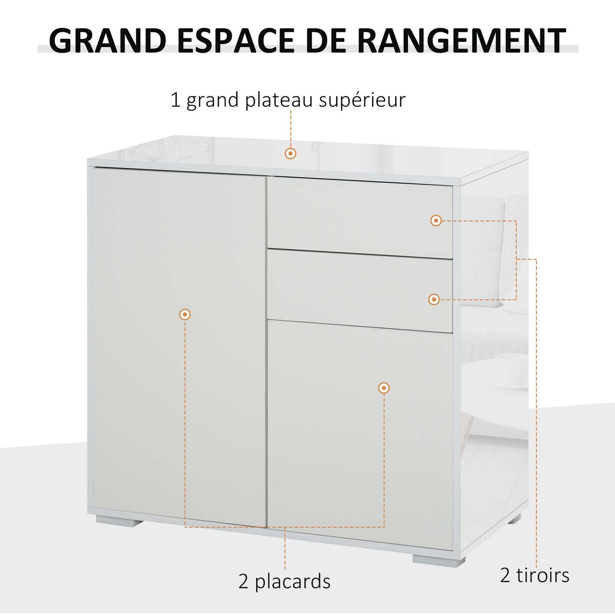 HOMCOM Commode buffet meuble de rangement 2 tiroirs 2 portes avec étagère 79 x 36 x 74 cm blanc