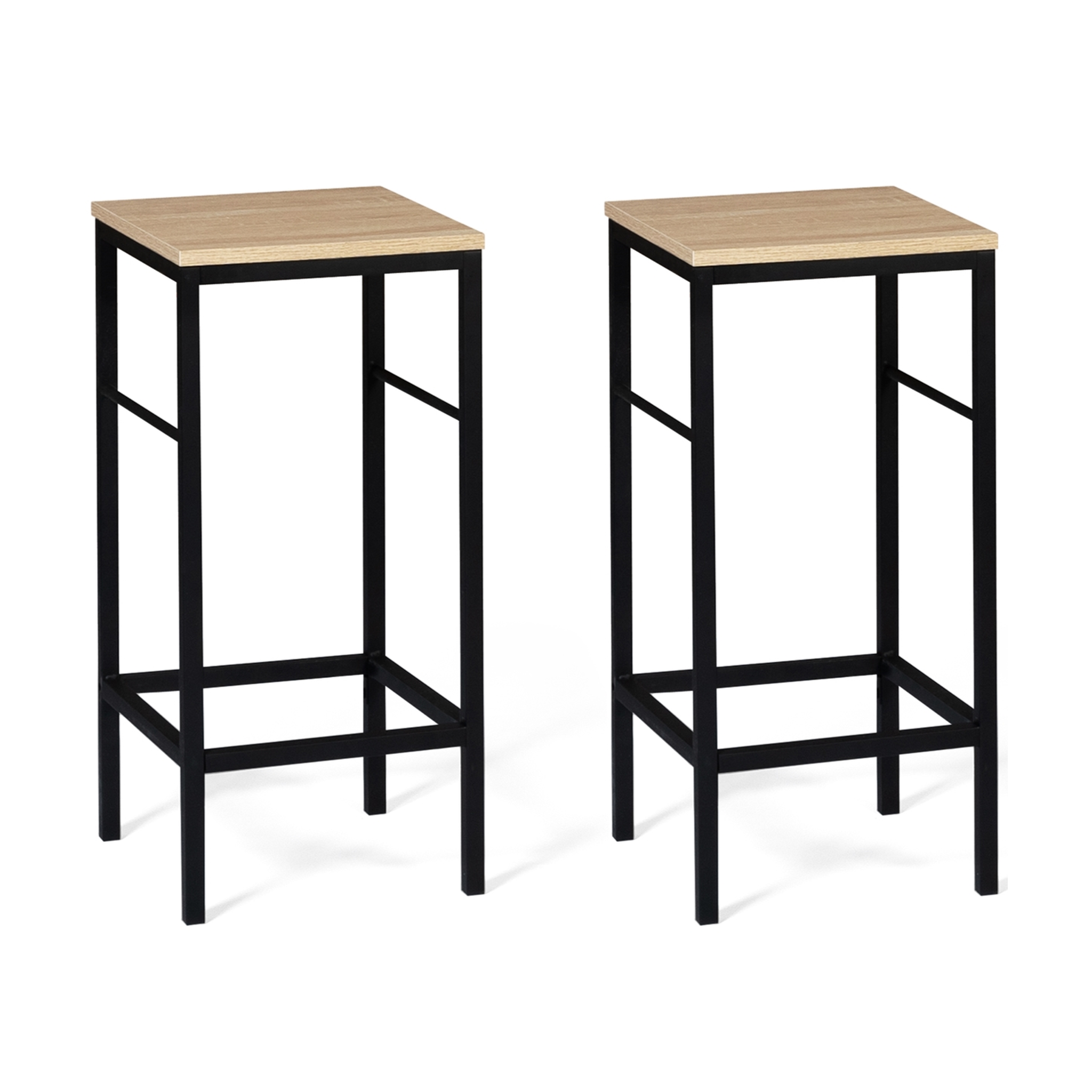 Voir la diapositive 4 : ID MARKET Ensemble table de bar îlot JUNO bois noir avec plateau façon hêtre et 2 tabourets de bar DETROIT