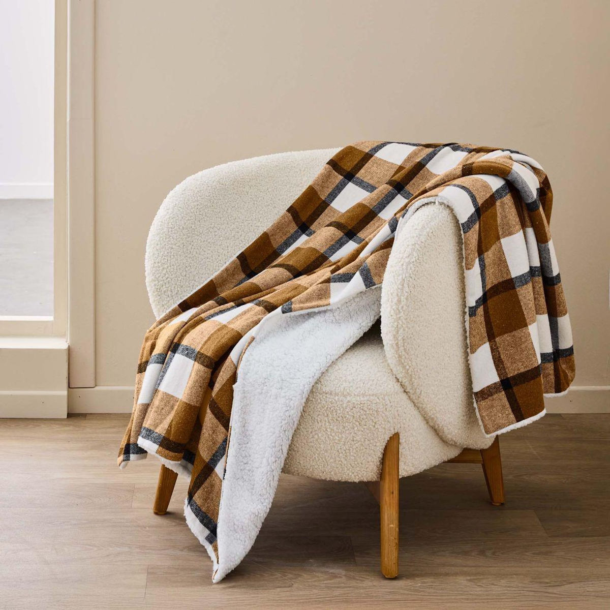 Paris Prix Plaid Tartan Sherpa  Ecossais  125x150cm Camel