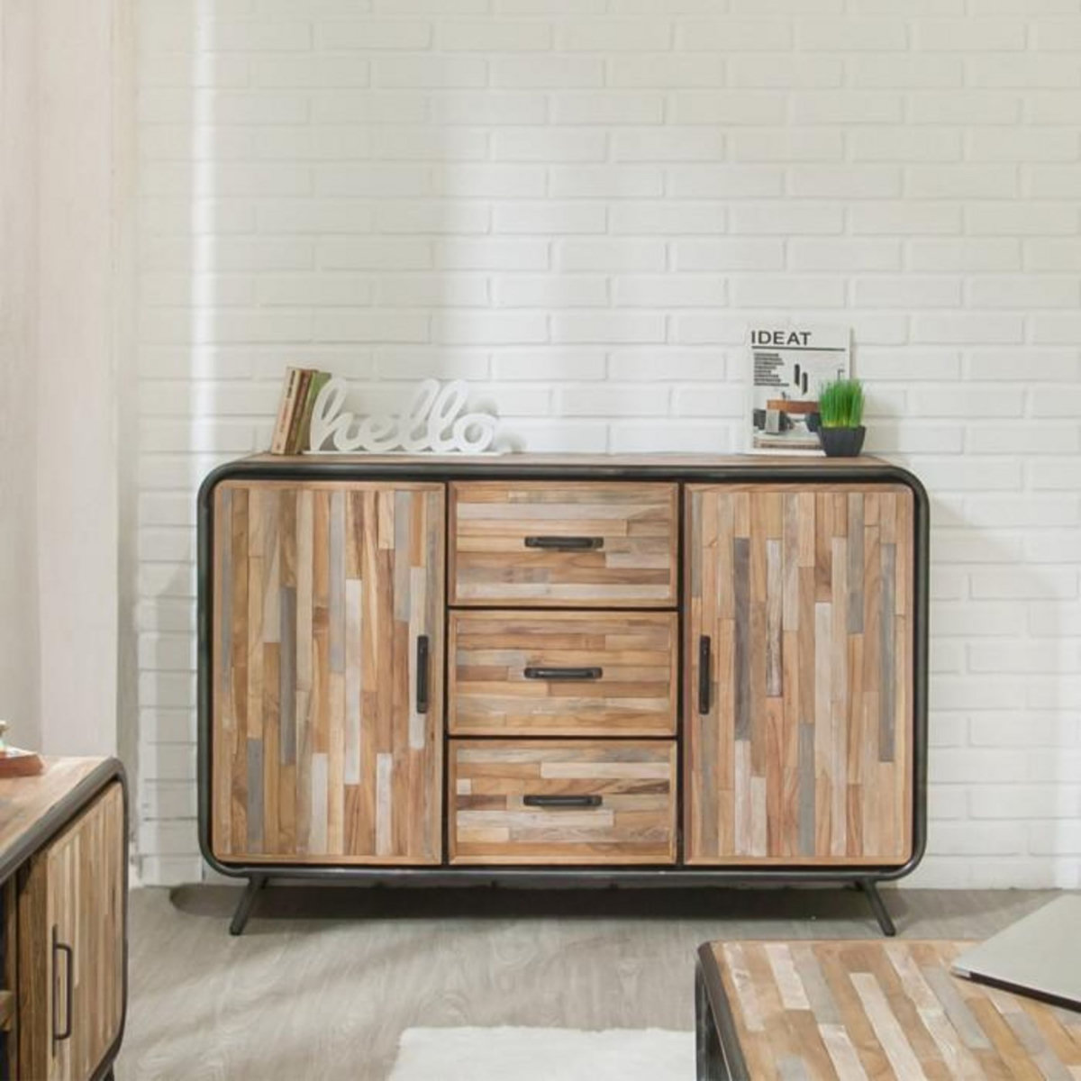 Paris Prix Buffet 2 Portes en Teck Industriel  Fusion  140cm Naturel