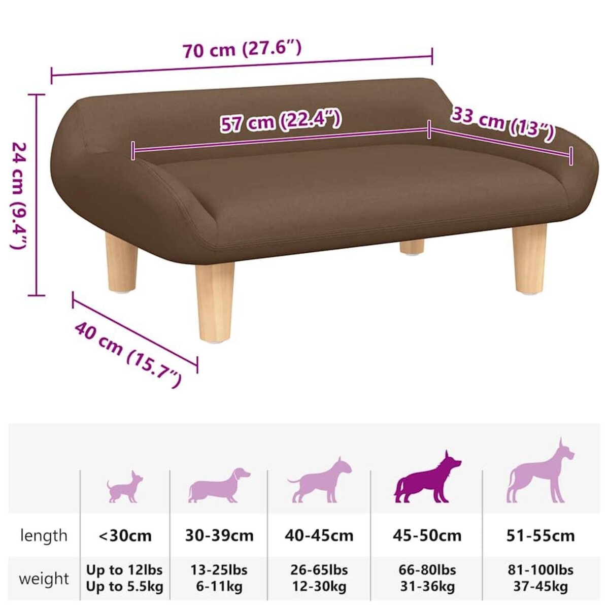 VIDAXL Lit pour chien marron 70x40x24 cm tissu