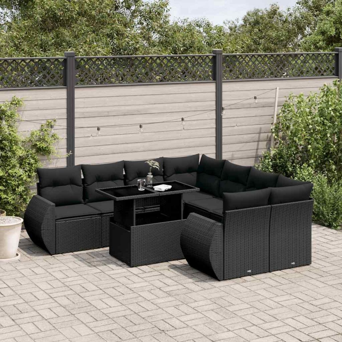VIDAXL Salon de jardin 9 pcs avec coussins noir resine tressee
