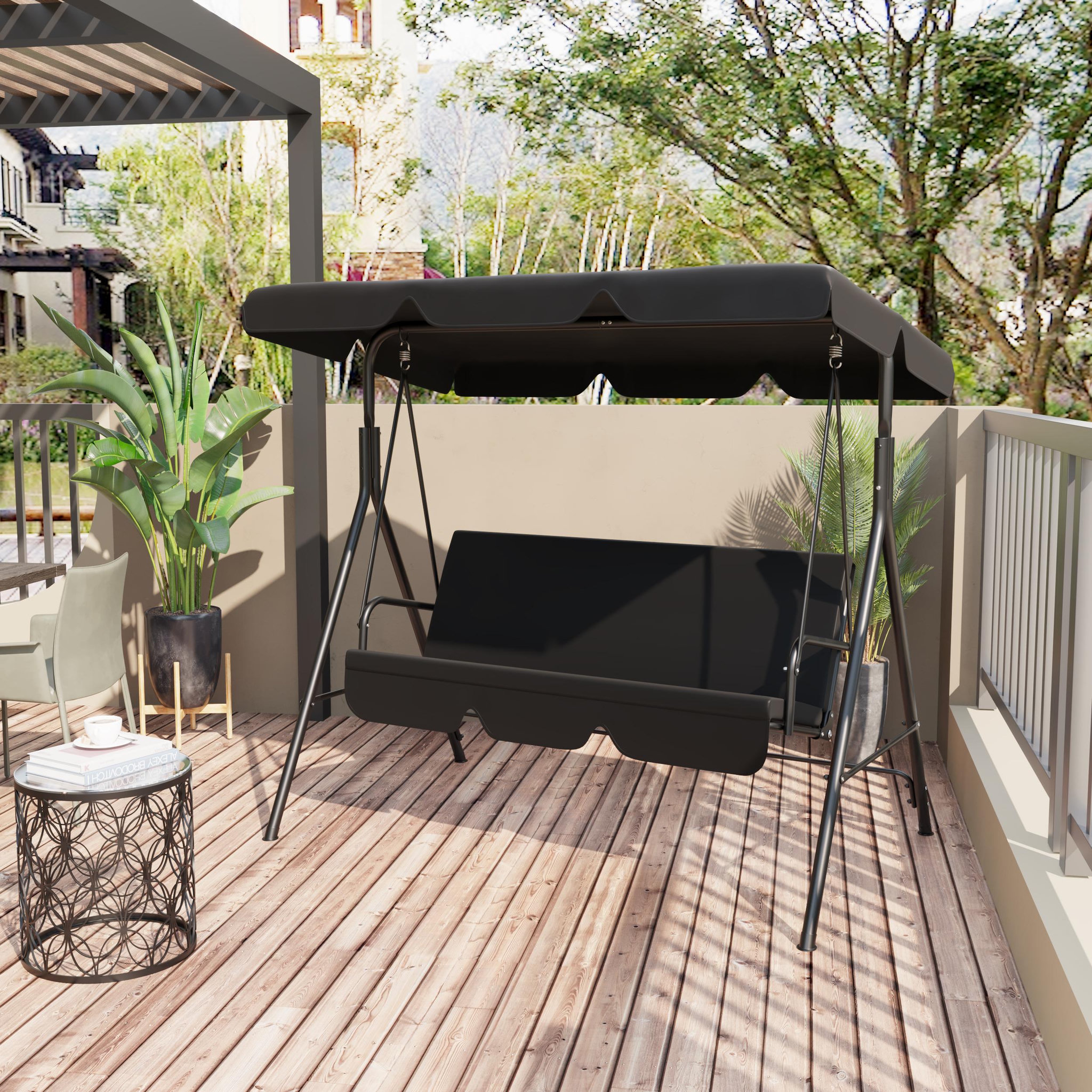 Voir la diapositive 2 : OUTSUNNY Balancelle de jardin 3 places toit inclinaison réglable coussins assise et dossier 1,72L x 1,1l x 1,52H m acier noir polyester noire