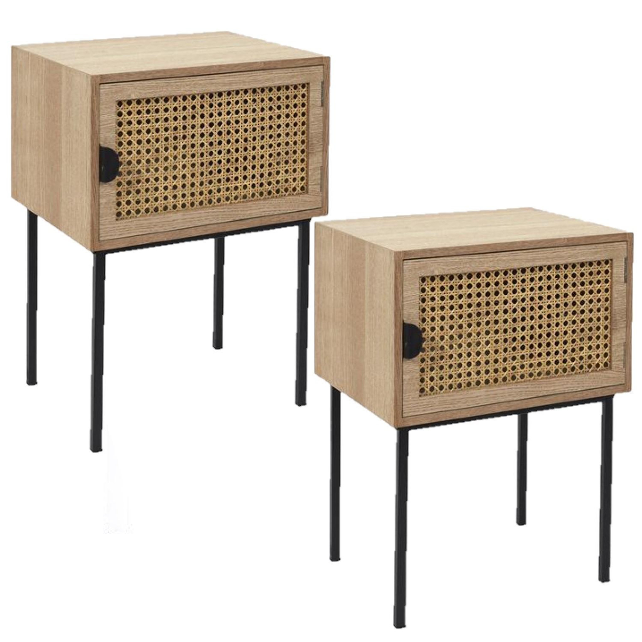 TOILINUX Lot de 2 Tables de chevet en cannage 1 porte en Bois et métal. Coloris disponibles : Noir