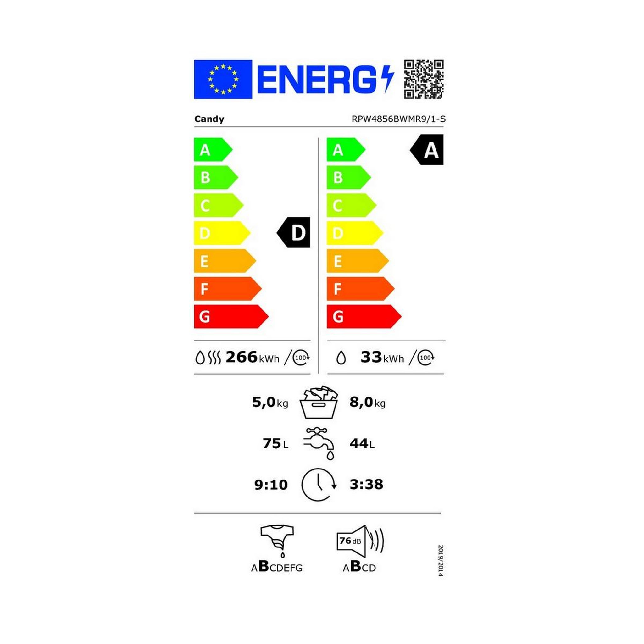 Voir la diapositive 2 : Candy Lave-linge séchant 8/5kg 1400 trs/min - rpw4856mwmr9/1-s