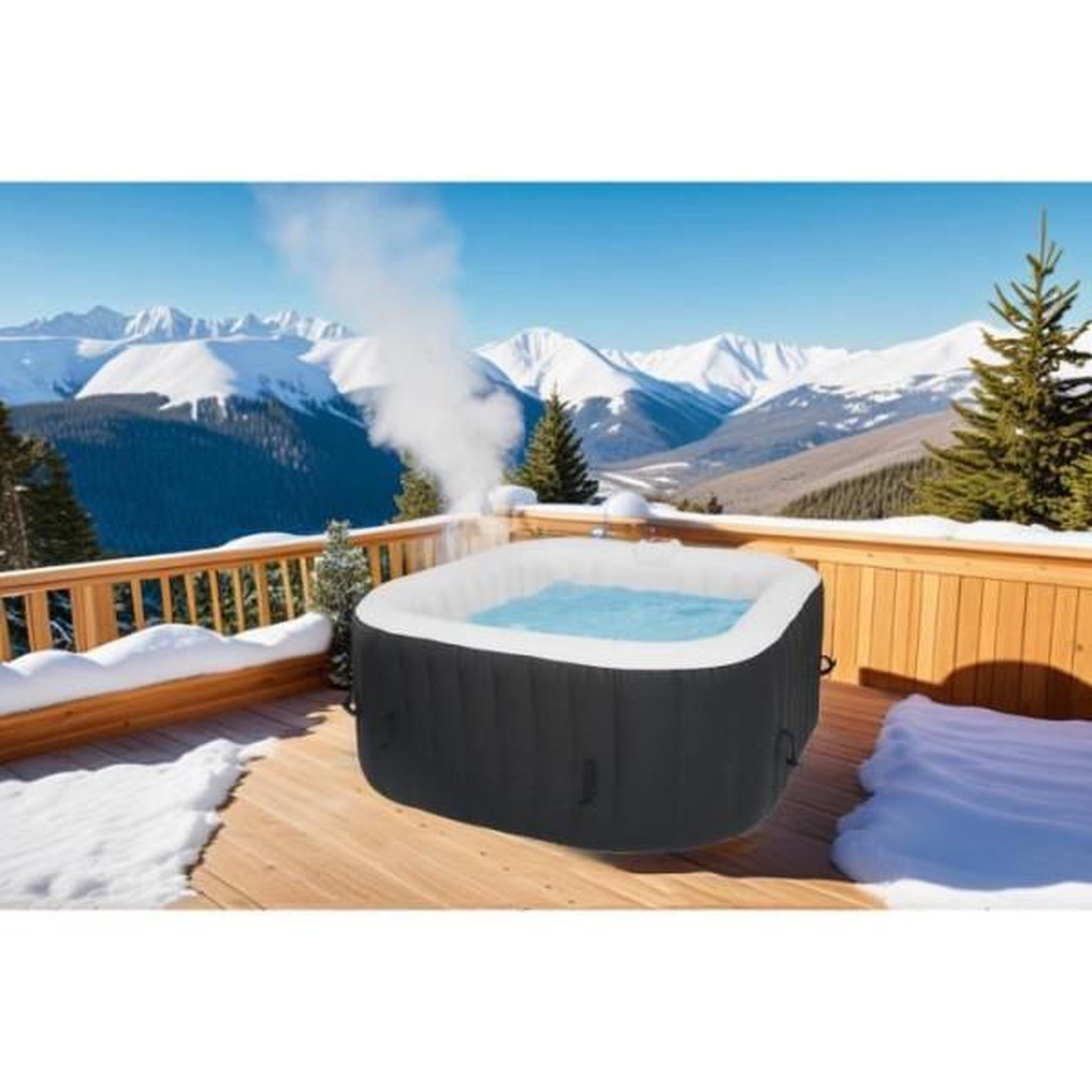Voir la diapositive 2 : SUNSPA KIT TOUT INCLUS SPA et accessoires : spa gonflable carré 4 places avec 2 appuis tetes, filtre, épuisette, brosse, tapis, couve