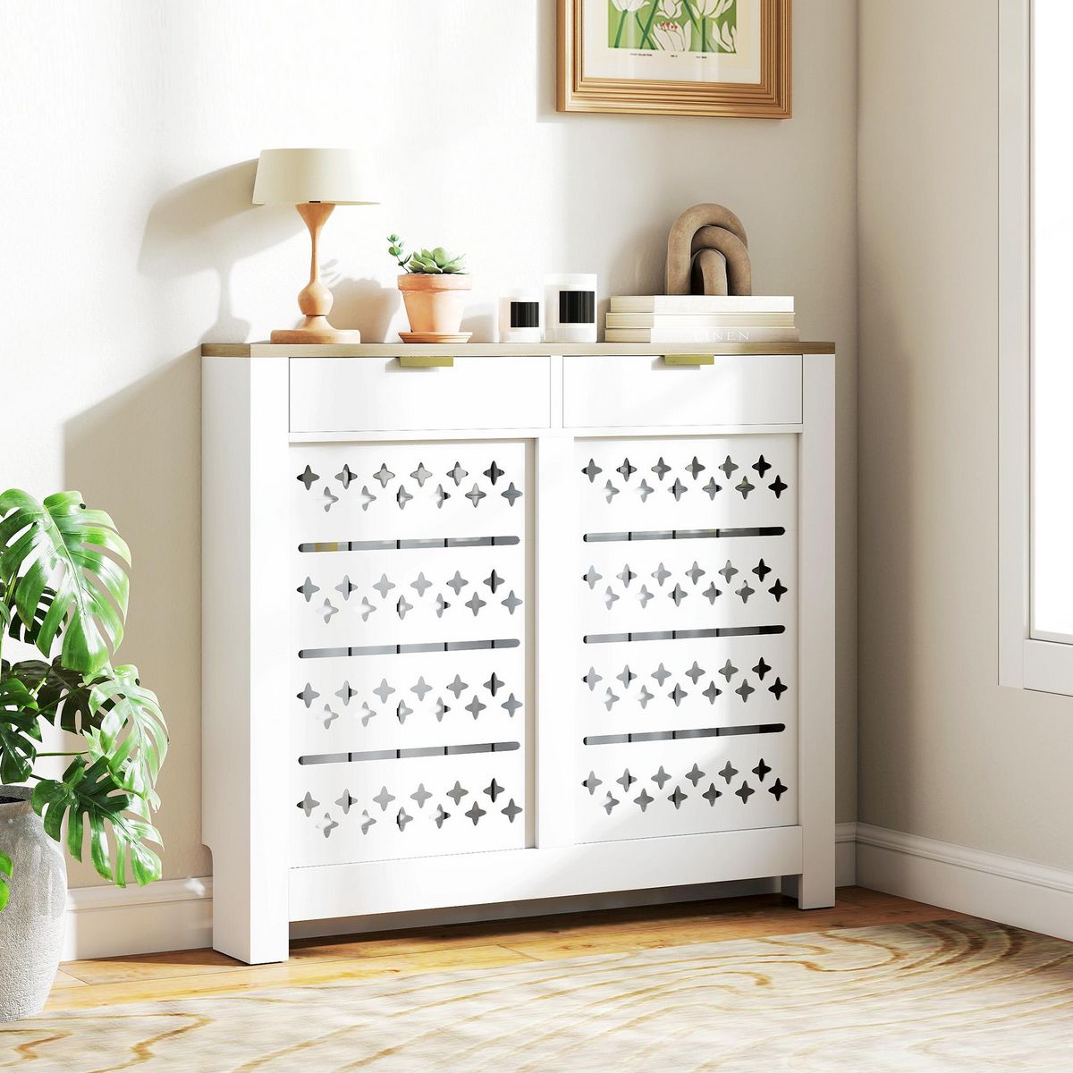 HOMCOM Cache-radiateur design motif étoile 2 portes dim. 108 x 19 x 95 cm doré effet bois blanc