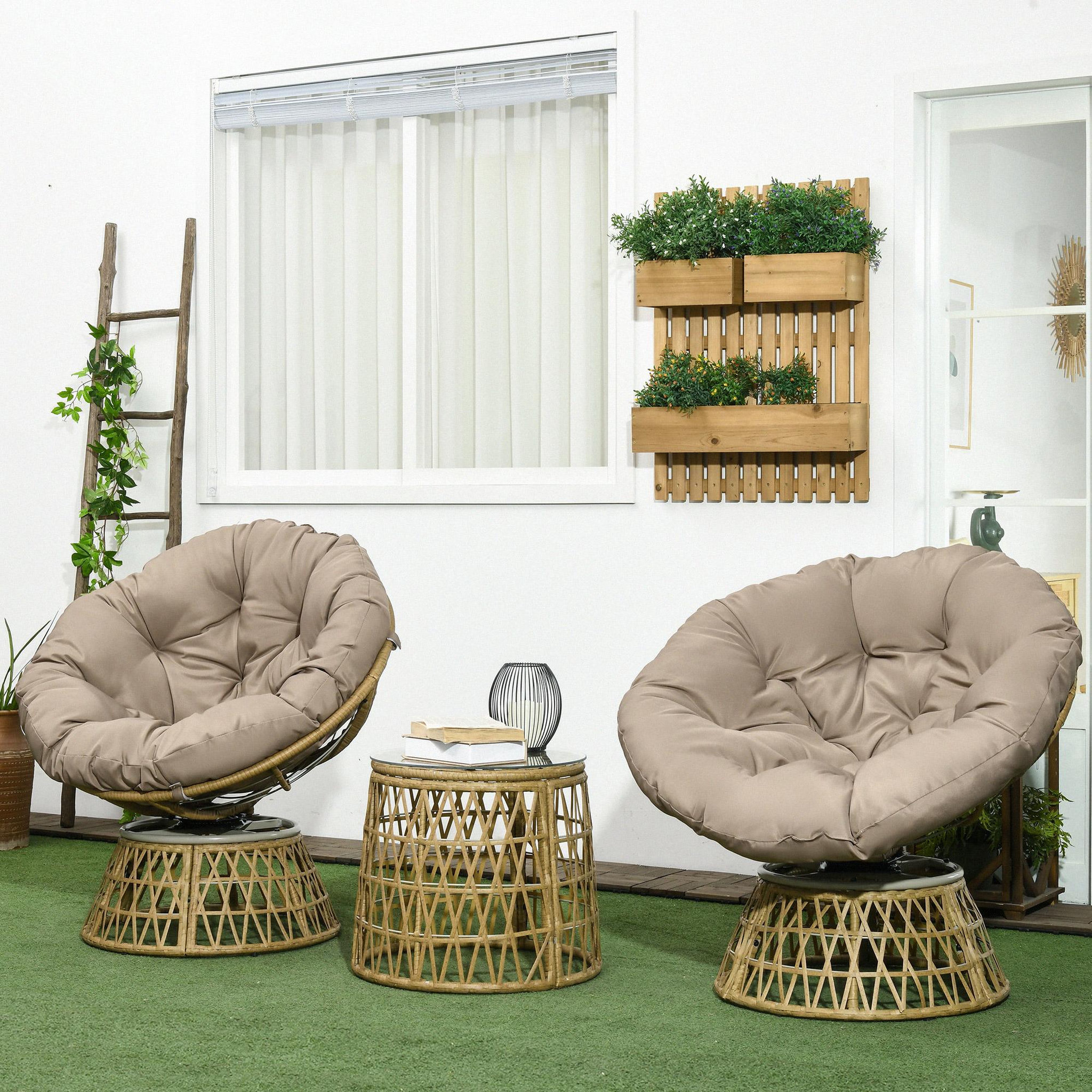 Voir la diapositive 4 : OUTSUNNY Ensemble salon de jardin 3 pièces - 2 fauteuils papasan, table basse - coussins taupe - résine tressée aspect rotin