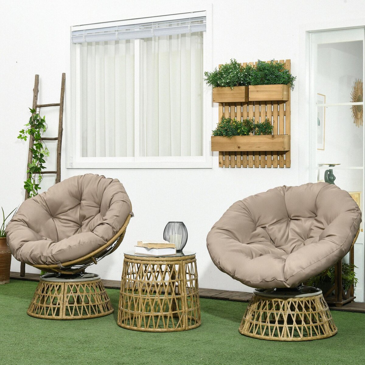 OUTSUNNY Ensemble salon de jardin 3 pièces - 2 fauteuils papasan, table basse - coussins taupe - résine tressée aspect rotin