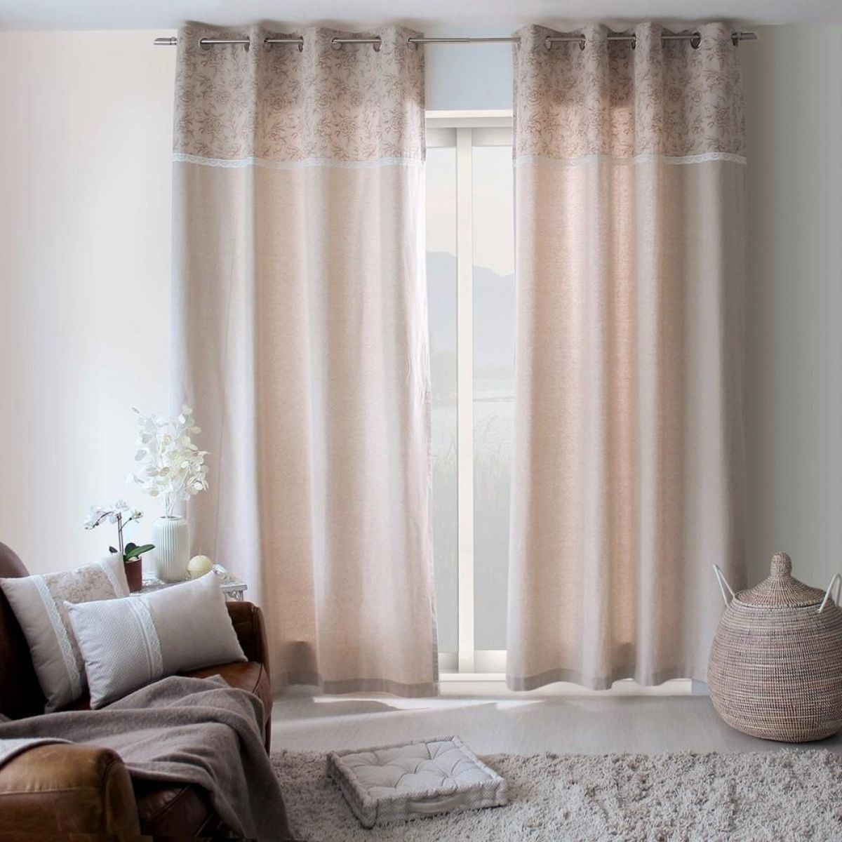 DECOSTARS Rideau à œillets 140x240 Rosa naturel coton