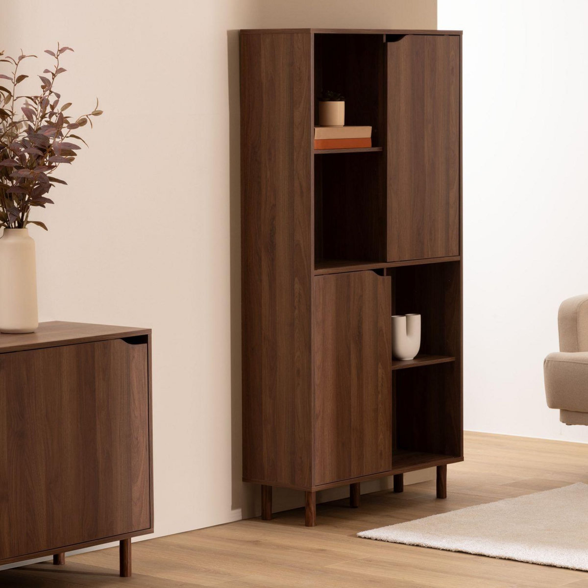 FIVE Bibliothèque 8 niches et 2 portes coulissantes effet noyer SLIDY - Marron