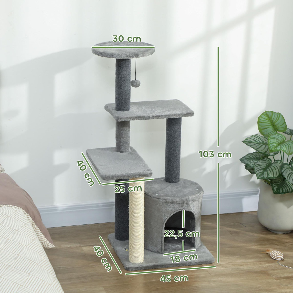 PAWHUT Arbre à chat gris niche 3 plateformes griffoir boule