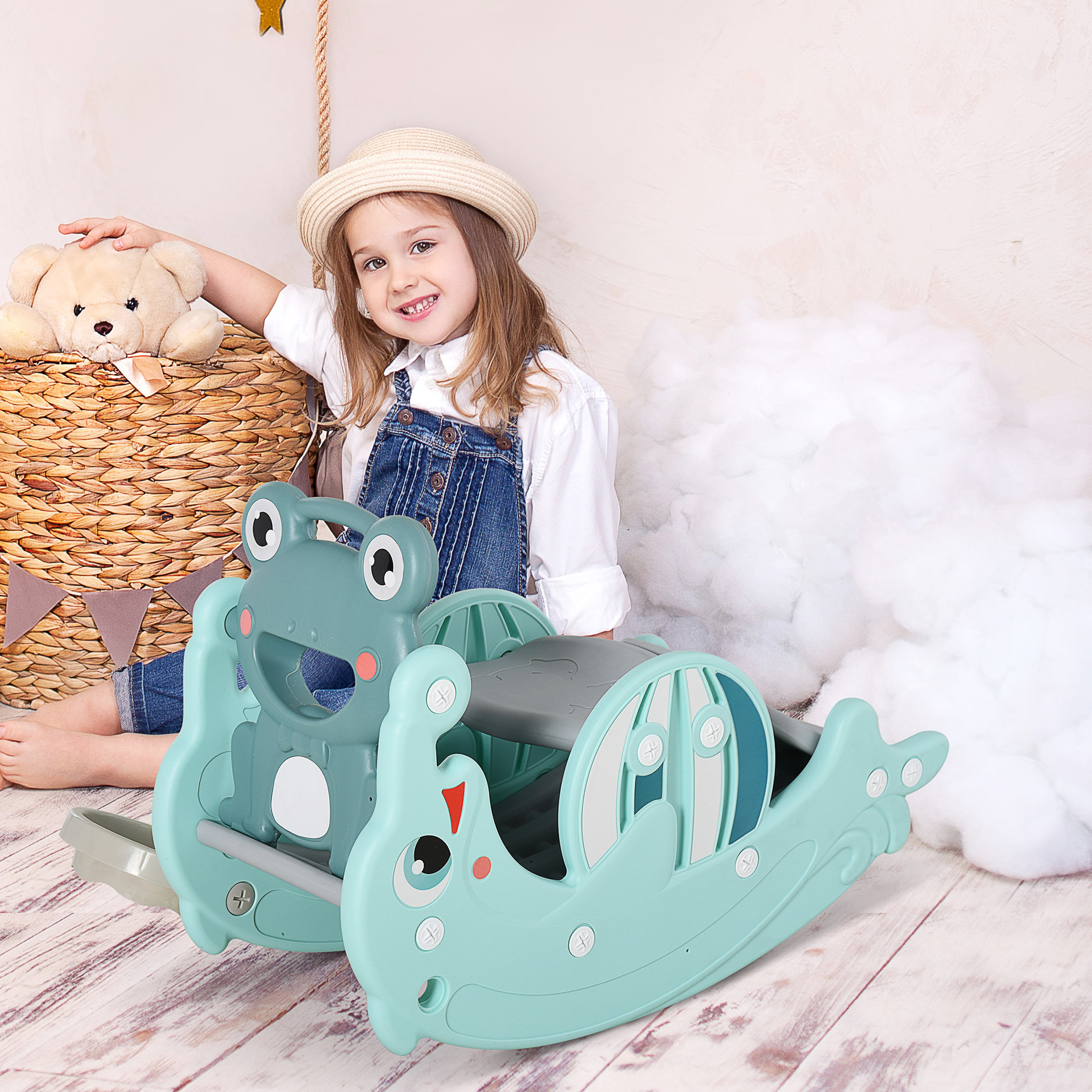 Voir la diapositive 2 : HOMCOM Cheval à bascule grenouille 3 en 1 toboggan panier basket 3 à 5 ans dim. 72L x 34l x 47H cm bleu turquoise