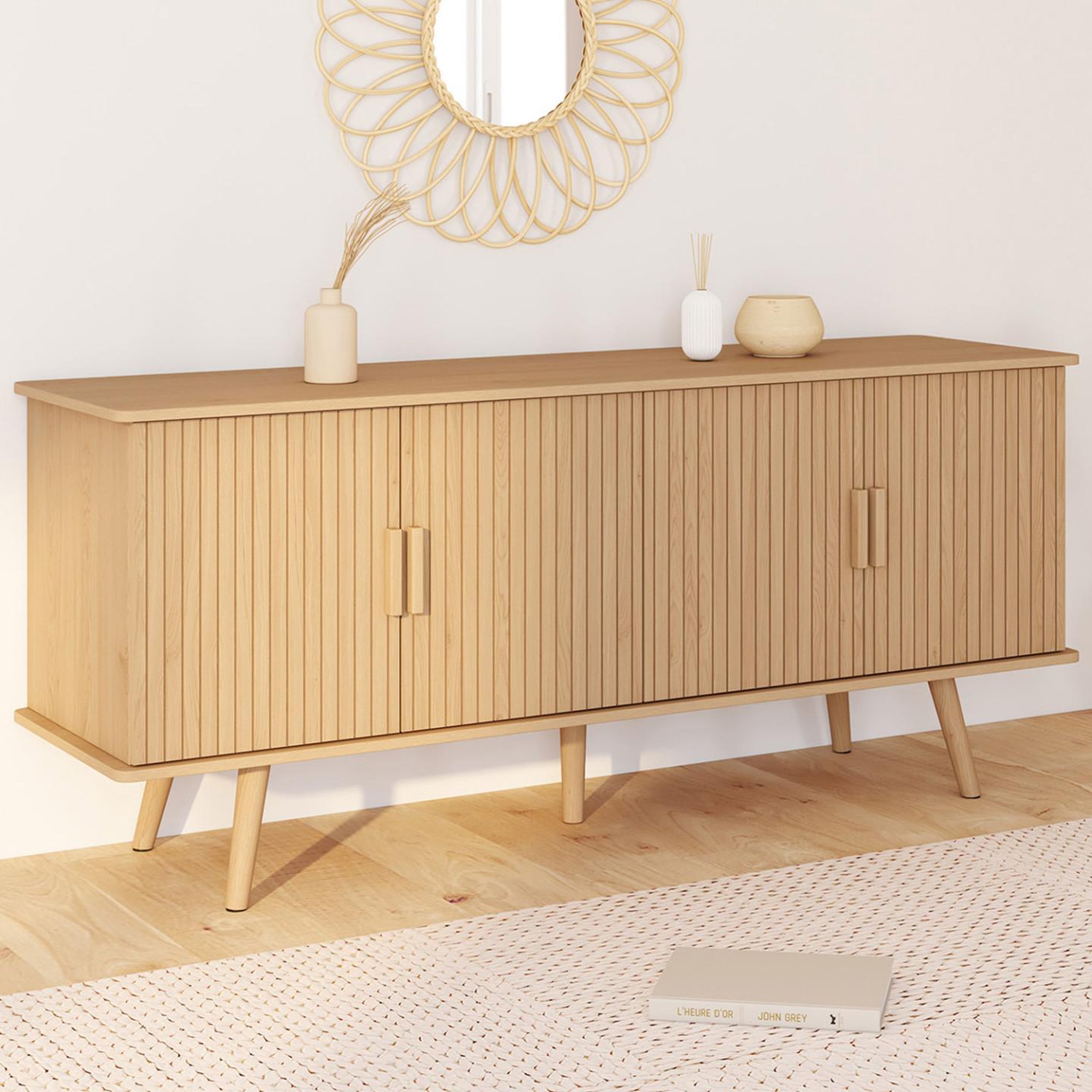 Voir la diapositive 2 : ID MARKET Buffet bas 140 cm juliette 4 portes effet lattes tasseau bois coloris chêne