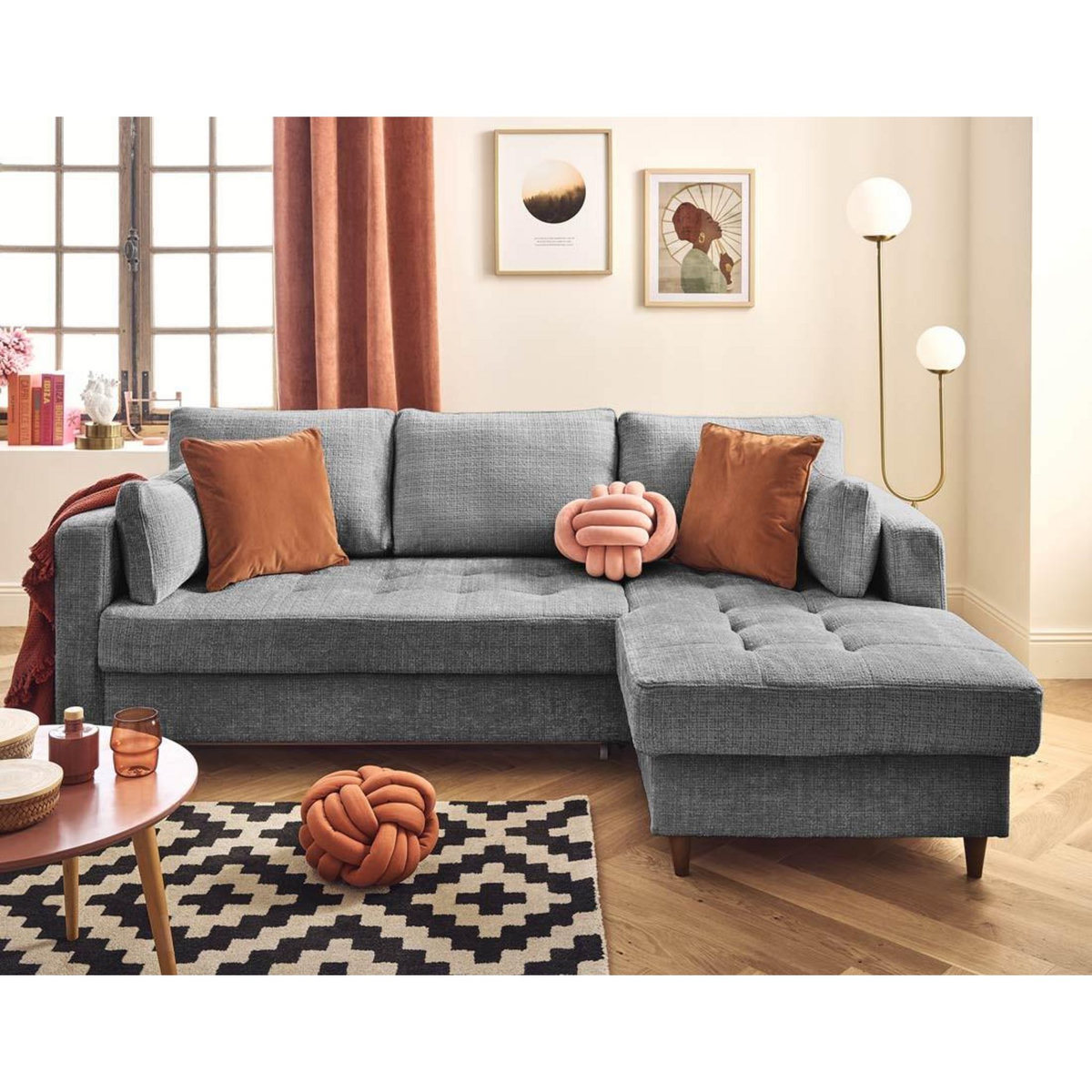 LISA DESIGN Anna - canapé d'angle droit 4 places convertible avec coffre en velours texturé