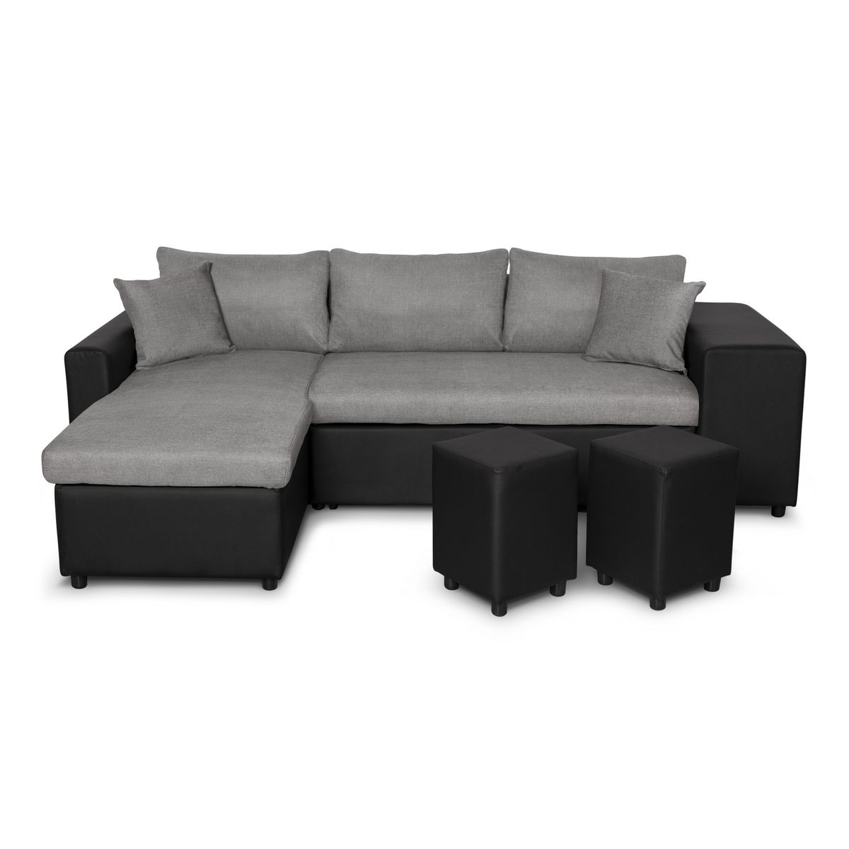 Canapé d'angle réversible convertible avec coffre + 2 poufs avec niche fixe à droite ANETTA