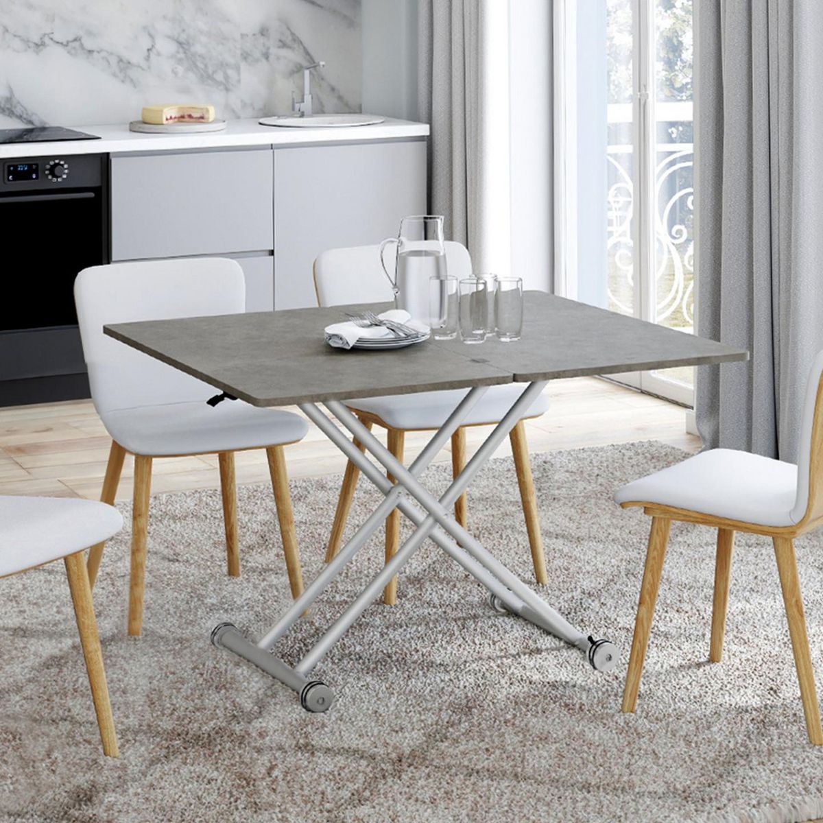 ID MARKET Table basse extensible relevable en table à manger rectangulaire URBANA plateau effet béton pied gris