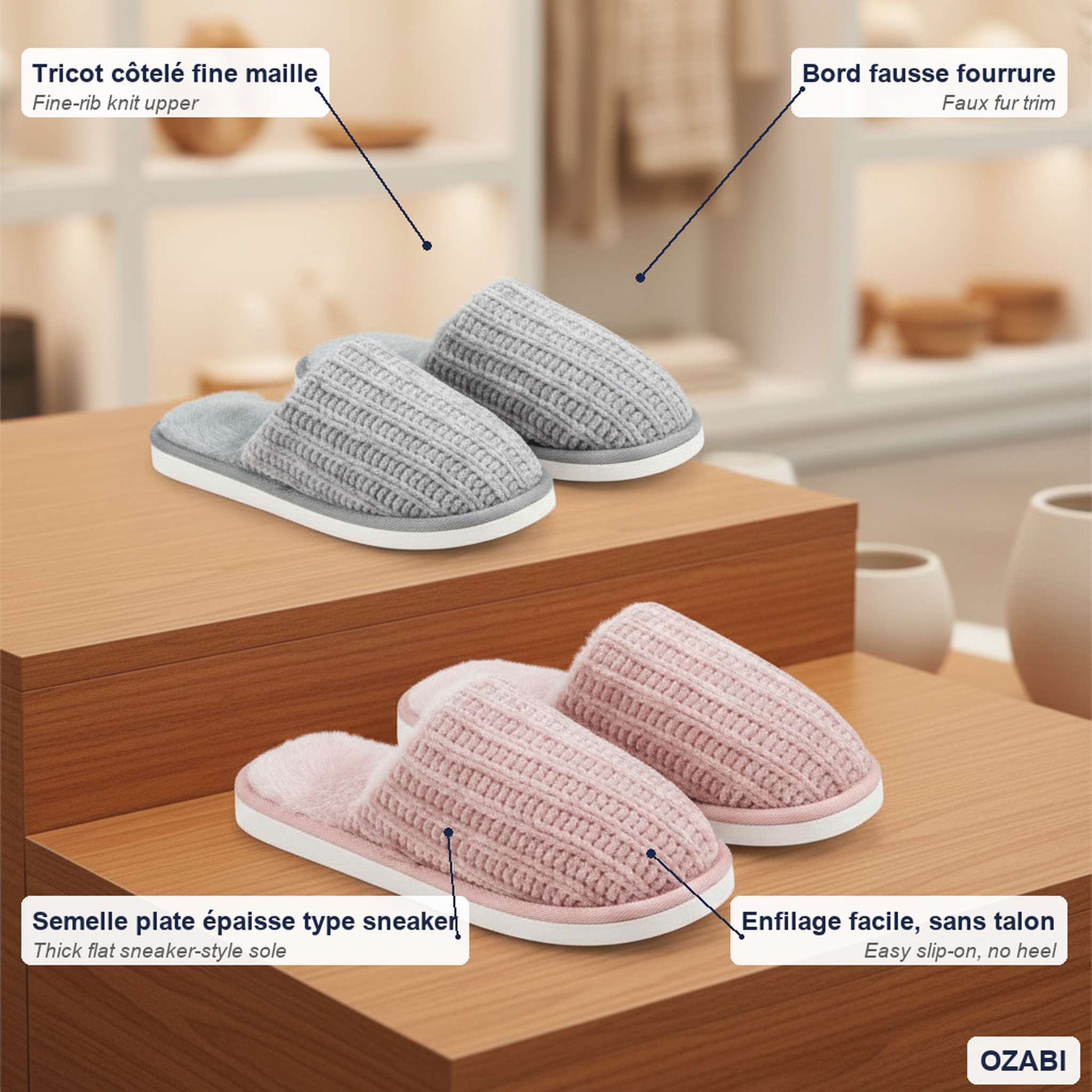 Voir la diapositive 5 : OZABI Ozabi pack 2 paires mules femme tricot côtelé semelle plate épaisse