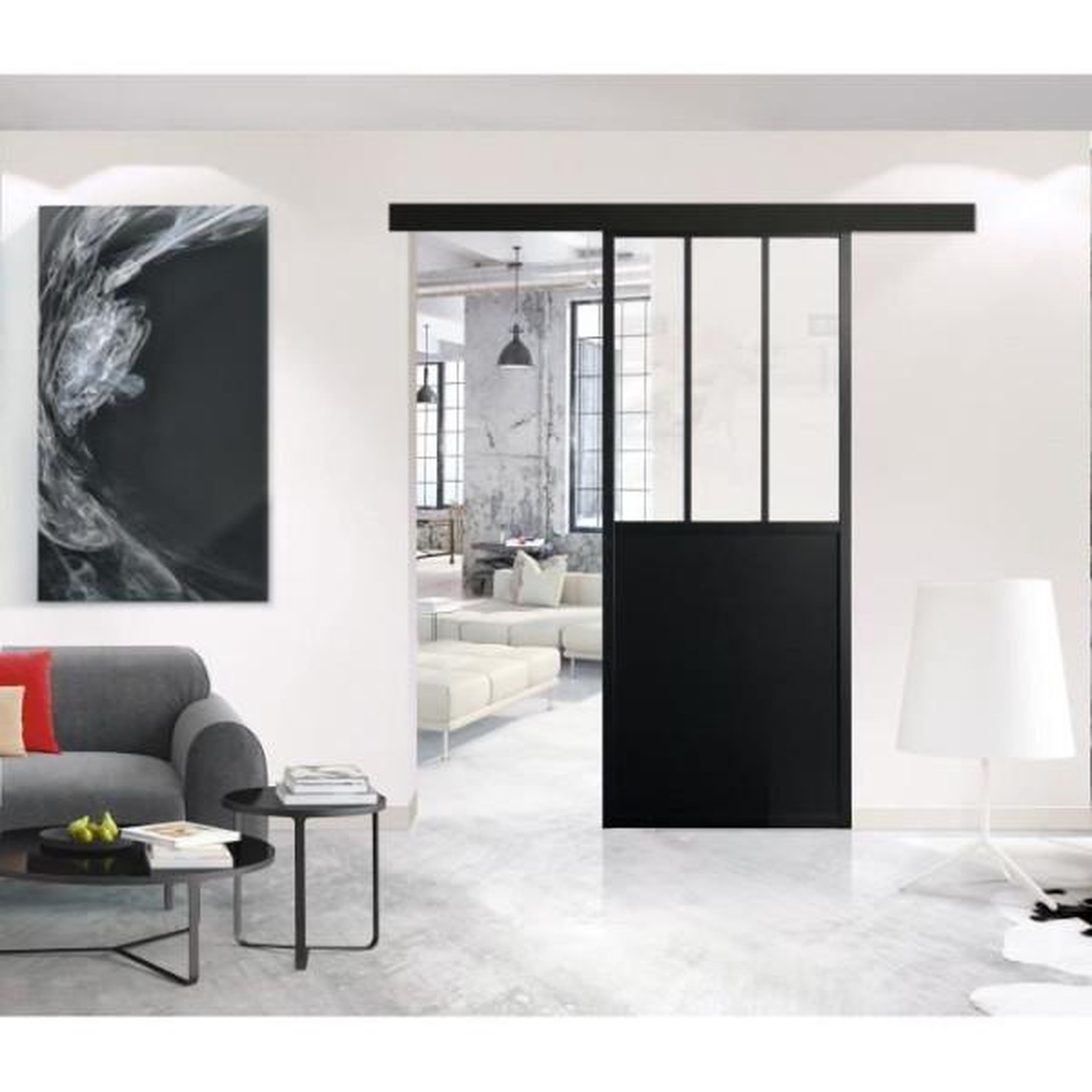 OPTIMUM Optimum - kit porte coulissante + rail + bandeau atelier - h 204 x l 73 x p 4 cm - noir verre transparent