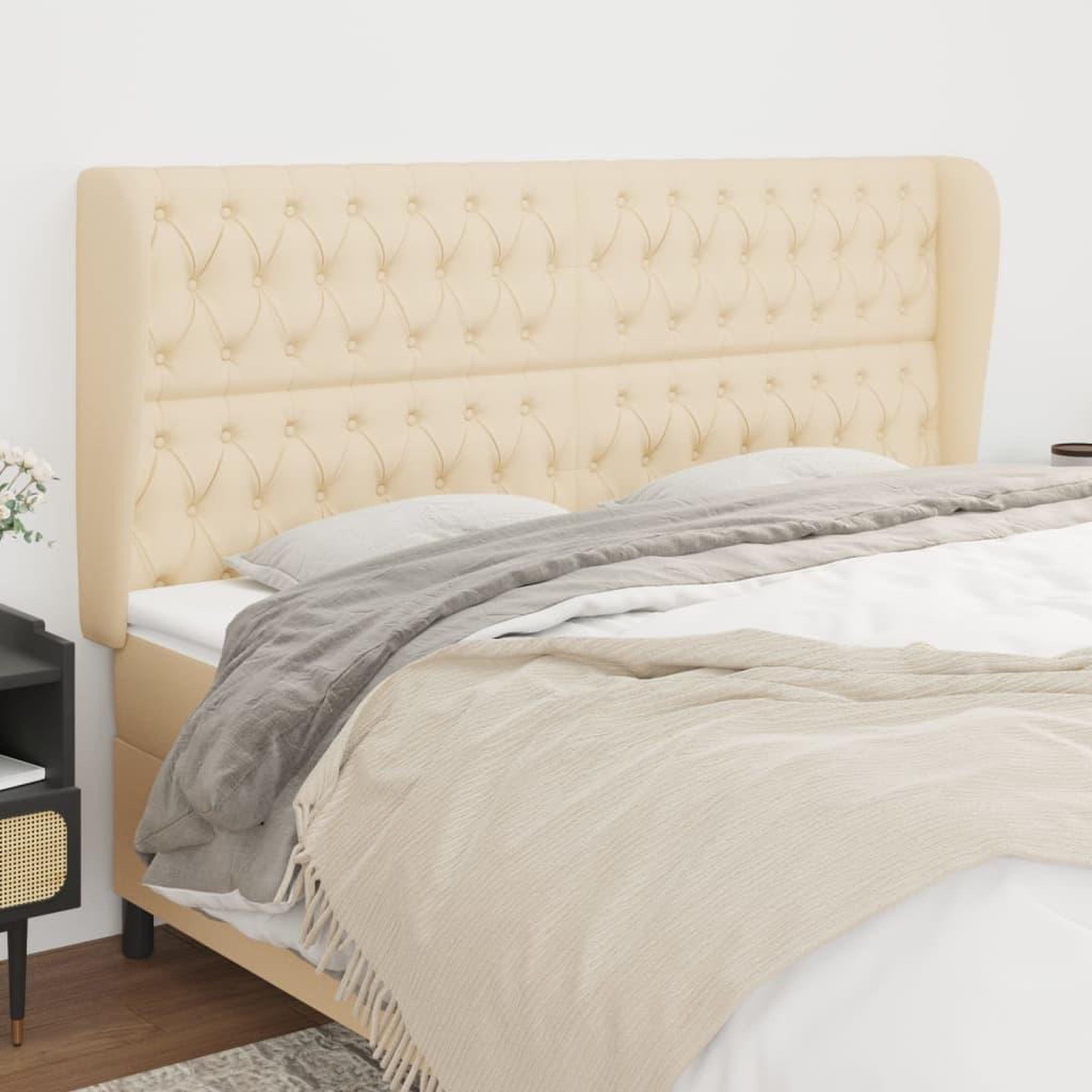 Voir la diapositive 1 : VIDAXL Tete de lit avec oreilles Creme 203x23x118/128 cm Tissu
