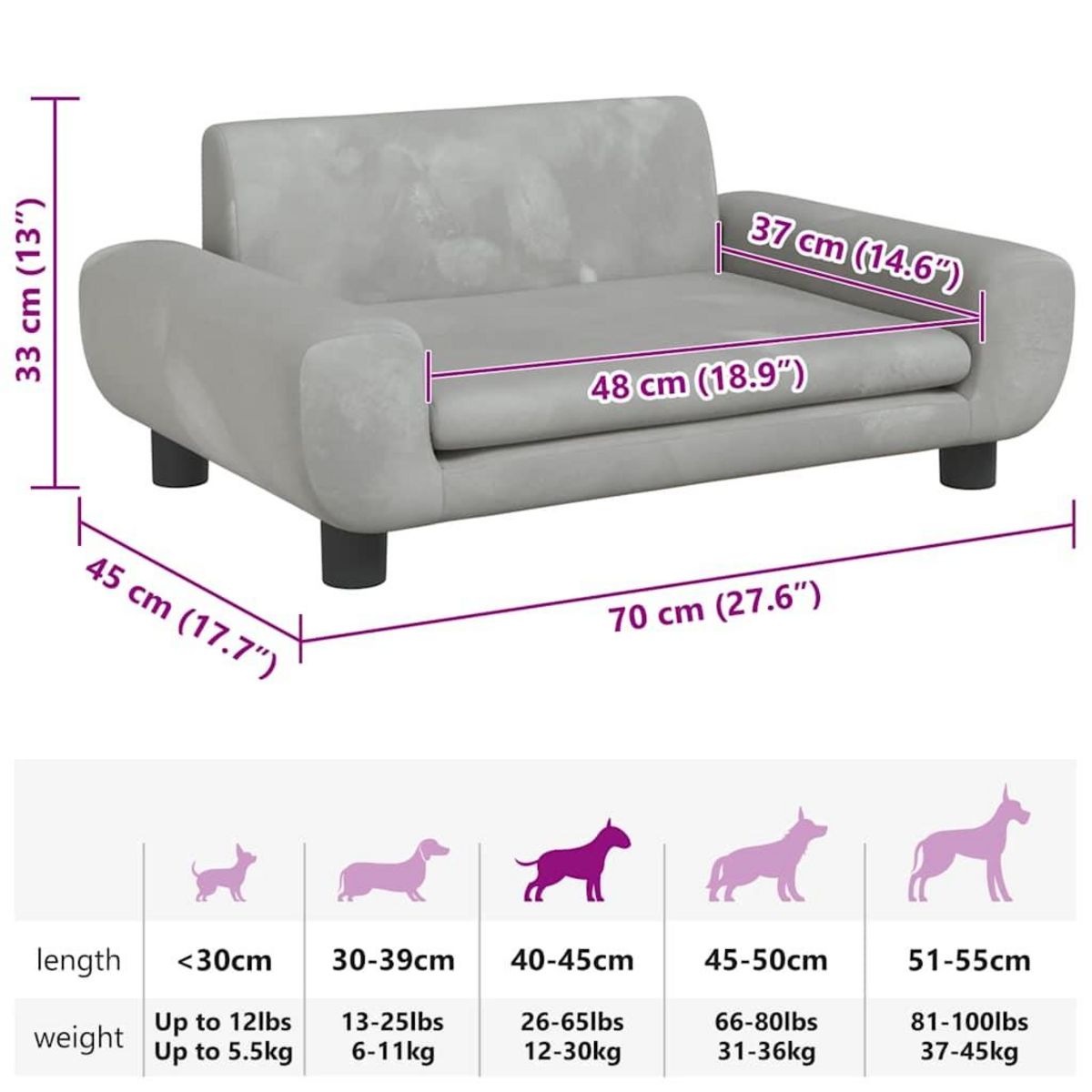 VIDAXL Lit pour chien gris clair 70x45x33 cm velours