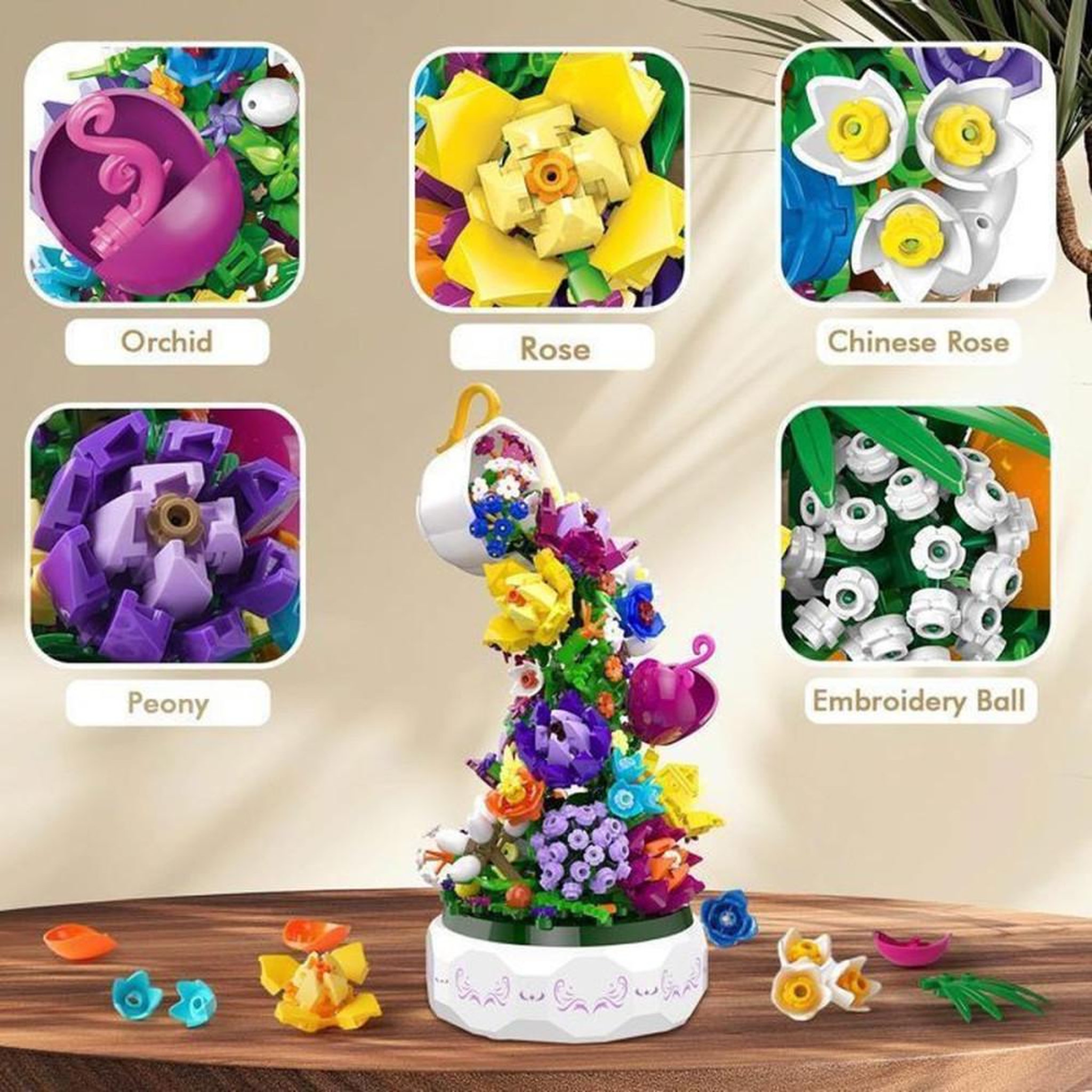 Voir la diapositive 2 : Coffret boîte à musique à assembler bouquet botanique LED 571 pièces fleurs multicolores