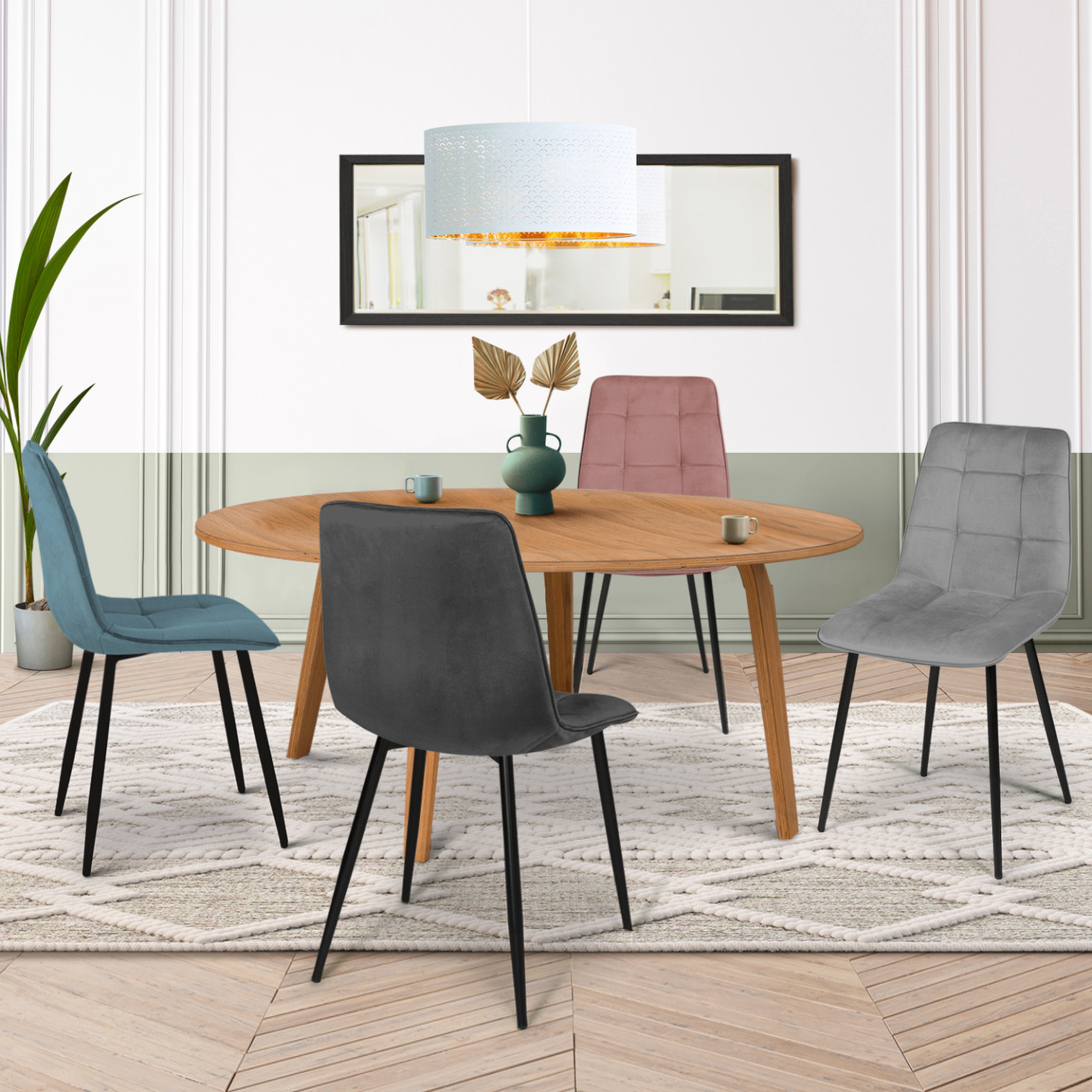 Voir la diapositive 2 : ID MARKET Lot de 4 chaises mila en velours mix color pastel bleu, gris clair, gris foncé, rose