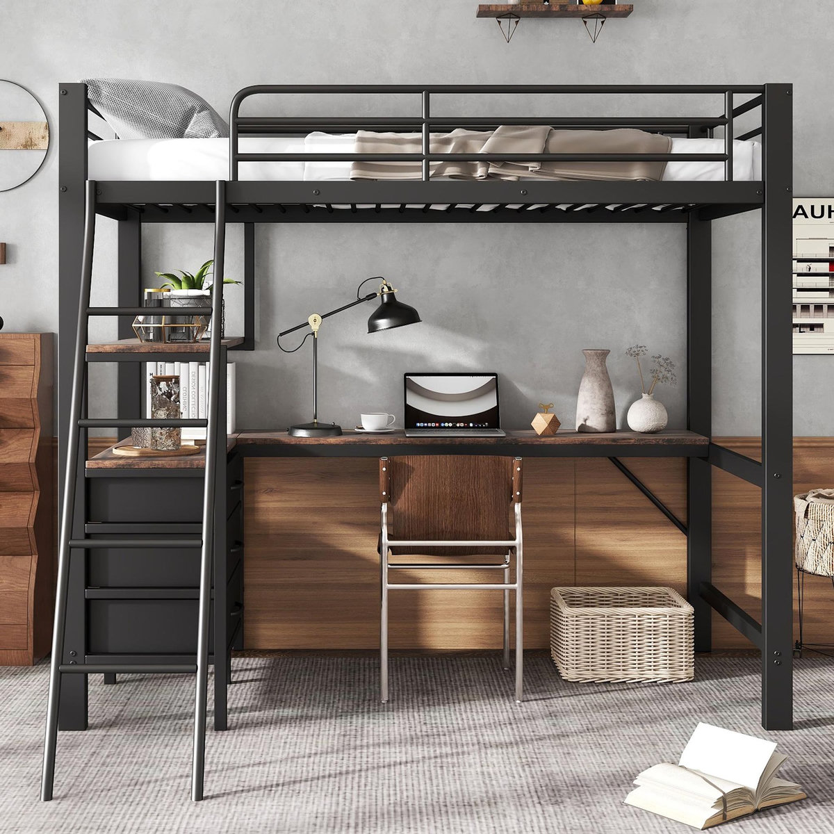 MERAX Lit mezzanine 90x200cm métal et bois coloris noir