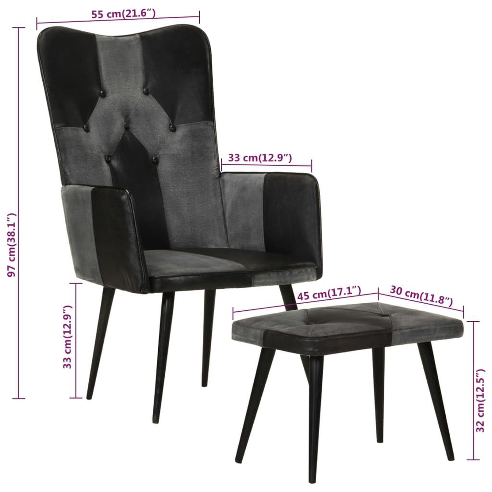 Voir la diapositive 6 : VIDAXL Fauteuil avec repose-pieds Noir Cuir veritable et toile